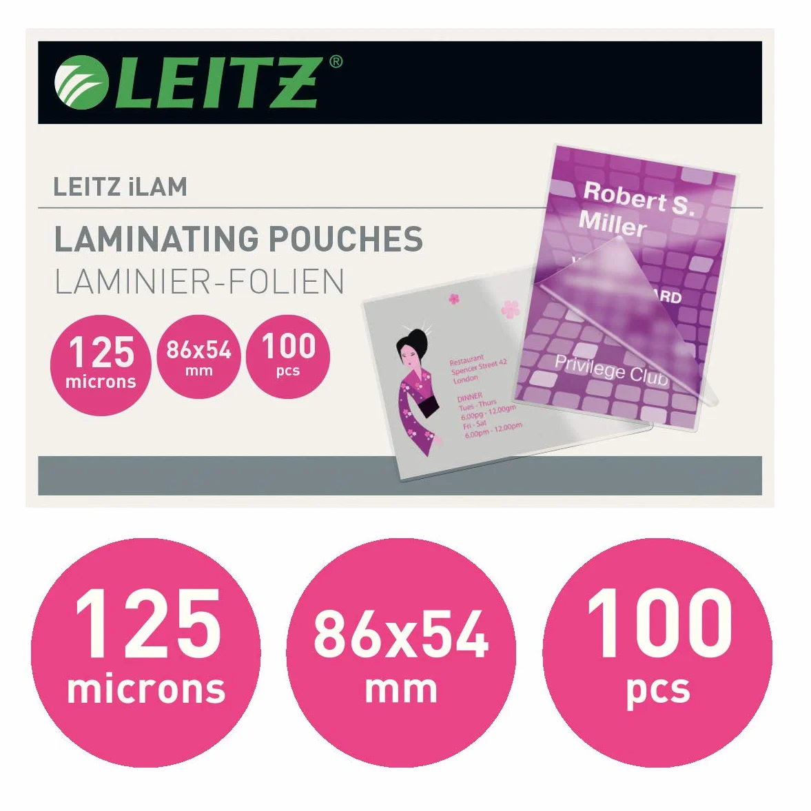Leitz Pouch per Plastificazione, 125 Micron, 54 x 86 mm, Trasparenti