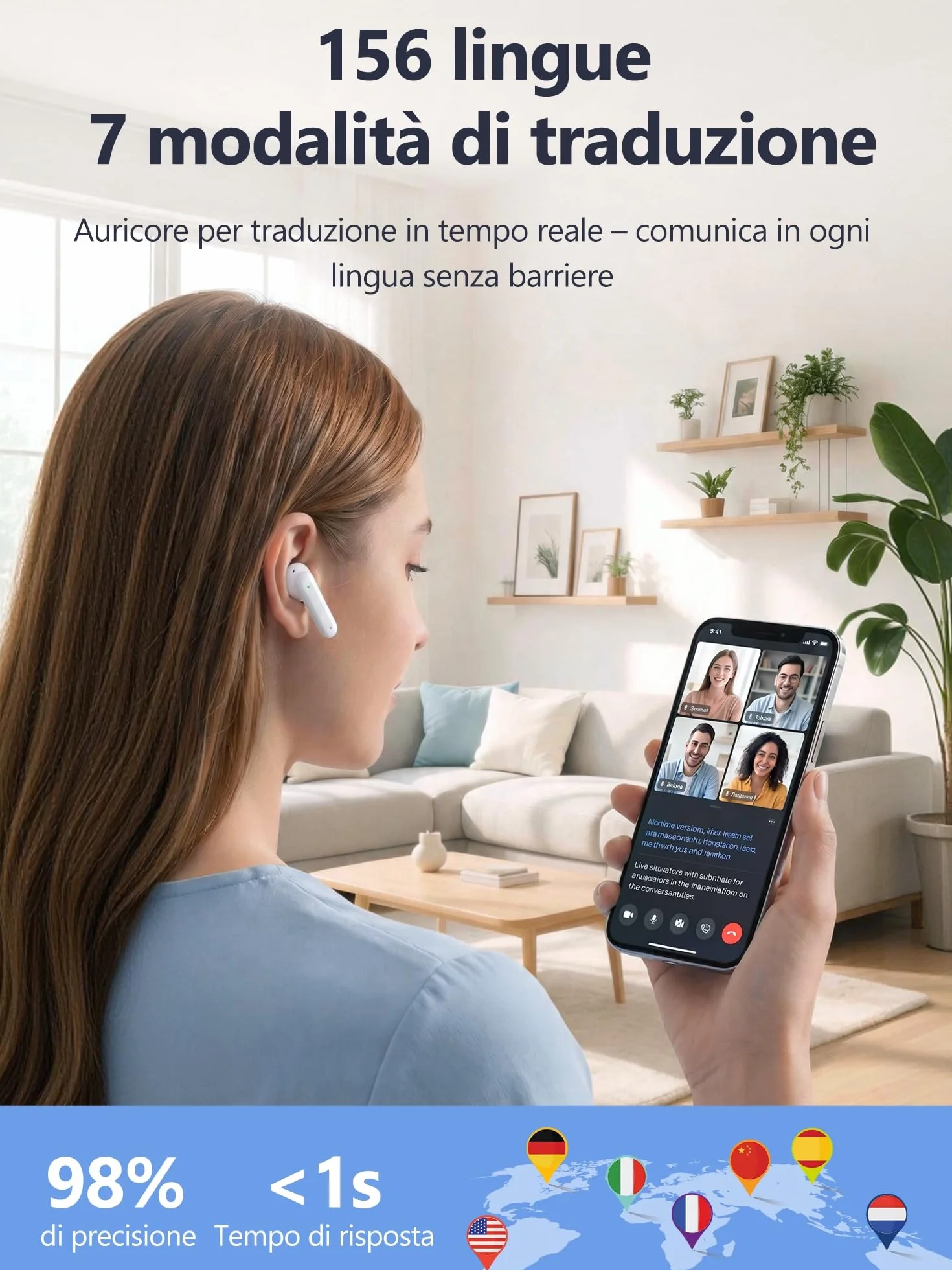 AI Cuffie Traduzione Simultanea Vocale：3-in-1 Bluetooth Auricolari Traduttore LCD Touch 156 Lingue - 7 EQ Asistente de IA e Telecomando per Foto – Isolamento Rumore In-Ear per Viaggi Studio Business