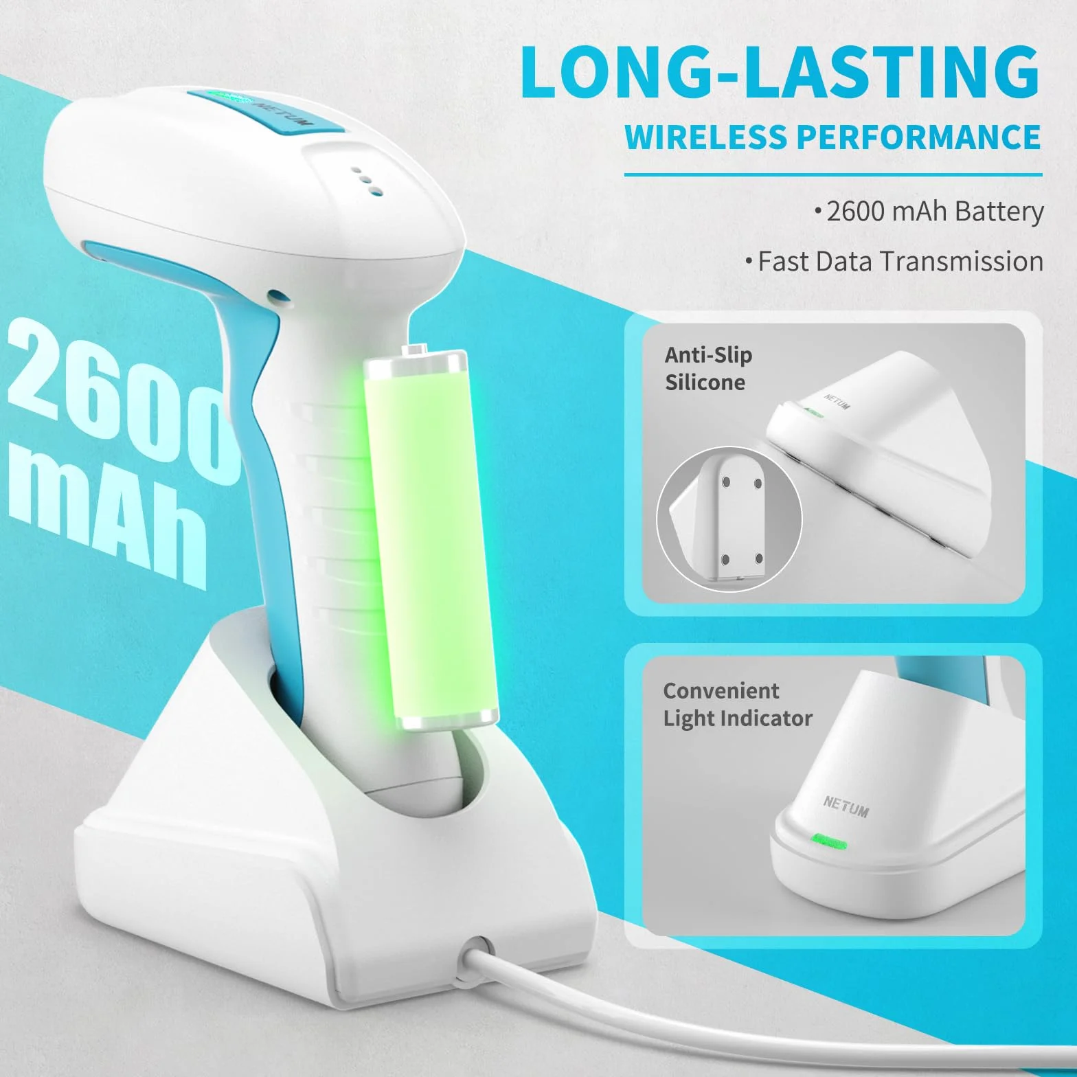 NETUM RD-1962 Scanner Barcode 1D/2D Wireless Blu-Bianco Antimicrobico, Sensore CMOS 1280×800, 2.4G + Bluetooth, Design IP67 Resistente, Modalità Hands-Free per Cliniche e Ospedali