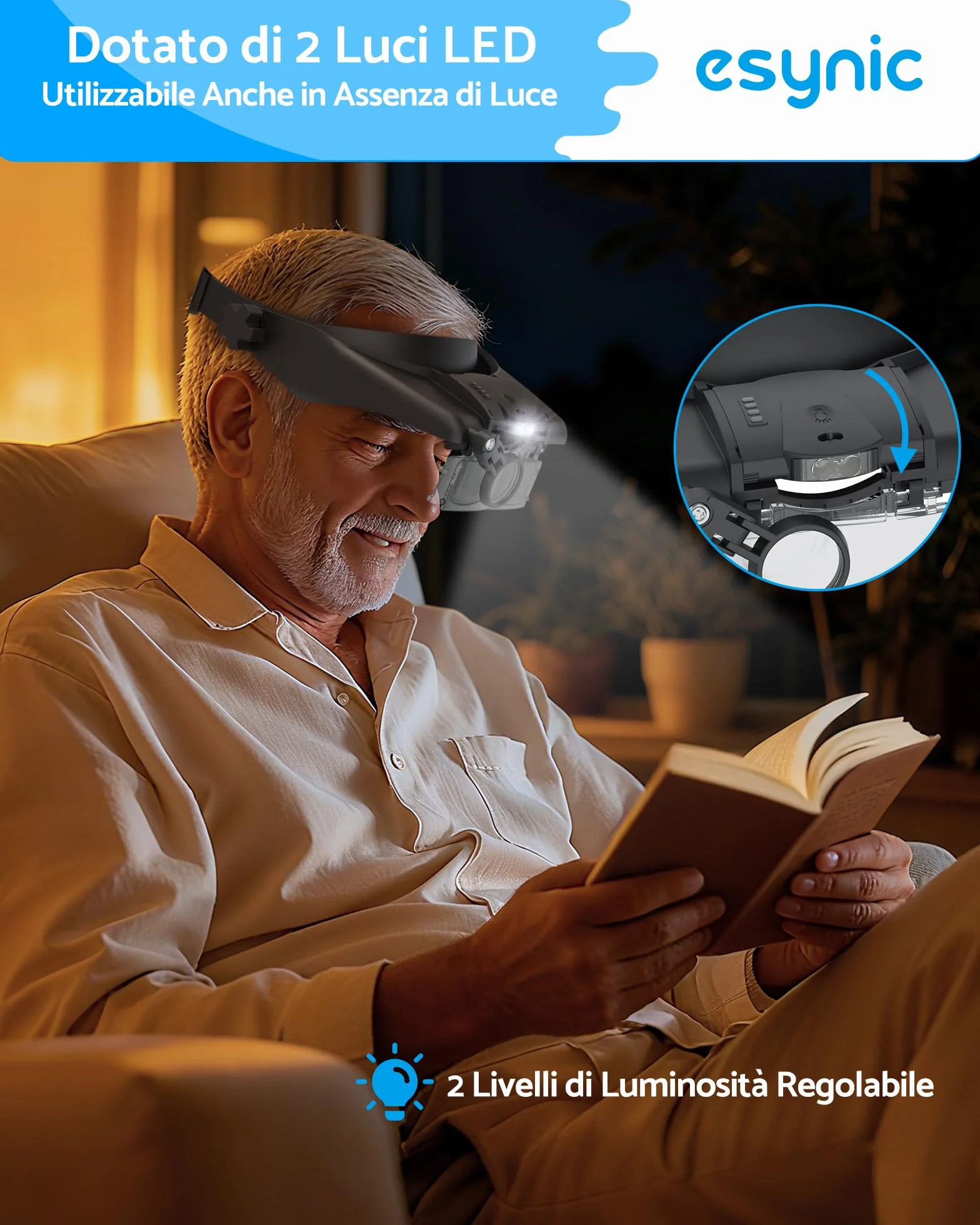 eSynic Lente di Ingrandimento Frontale a 2 LED Luce Regolabile, con 5 Lenti 1.5-3.5X + 8X Fino a 13X e Custodia Zip, Lente d'Ingrandimento a Testa Ricaricabile per Ricamo Lettura Riparazione - Nero