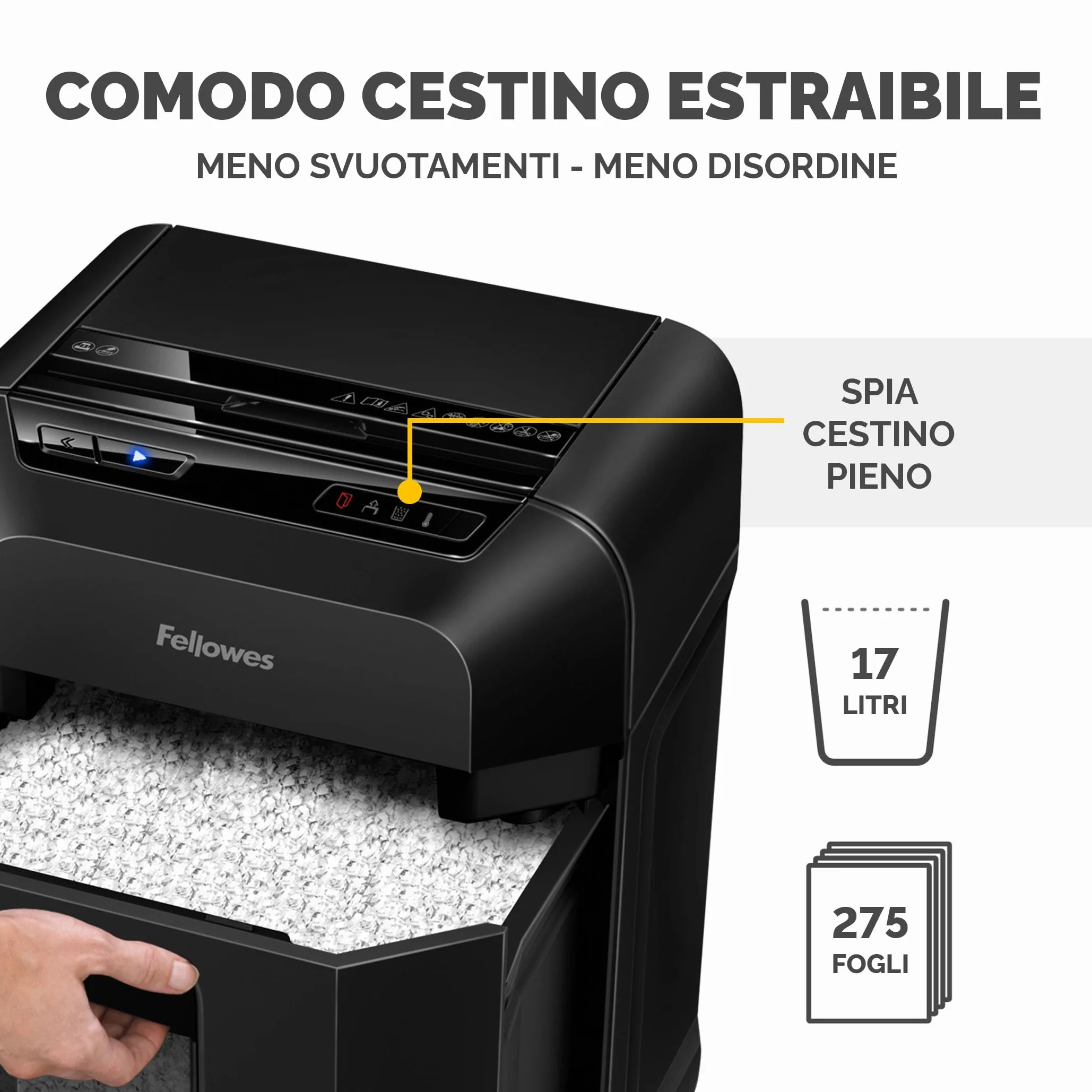 Fellowes Distruggi documenti AutoMax 90M a miniframmento, 90 fogli in modalità automatica, 9 fogli manuale, per casa e piccolo ufficio, cestino da 17 litri, modalità riposo, sicurezza P4, nero