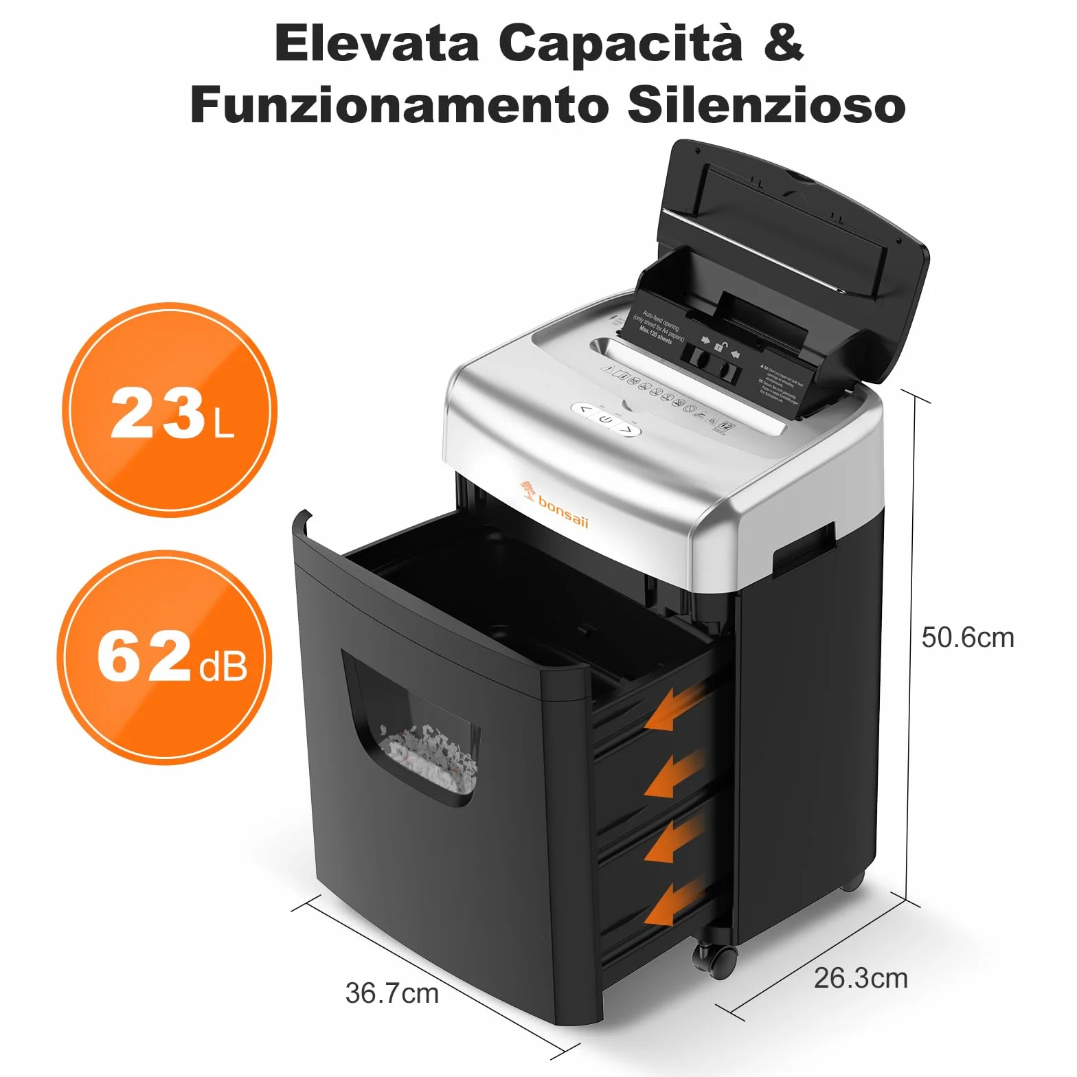 Bonsaii Distruggidocumenti da 120 fogli con alimentazione automatica, taglio a particelle P-4, estremamente silenzioso con 62 dB, contenitore da 23 litri e 4 ruote, trituratore a microtaglio