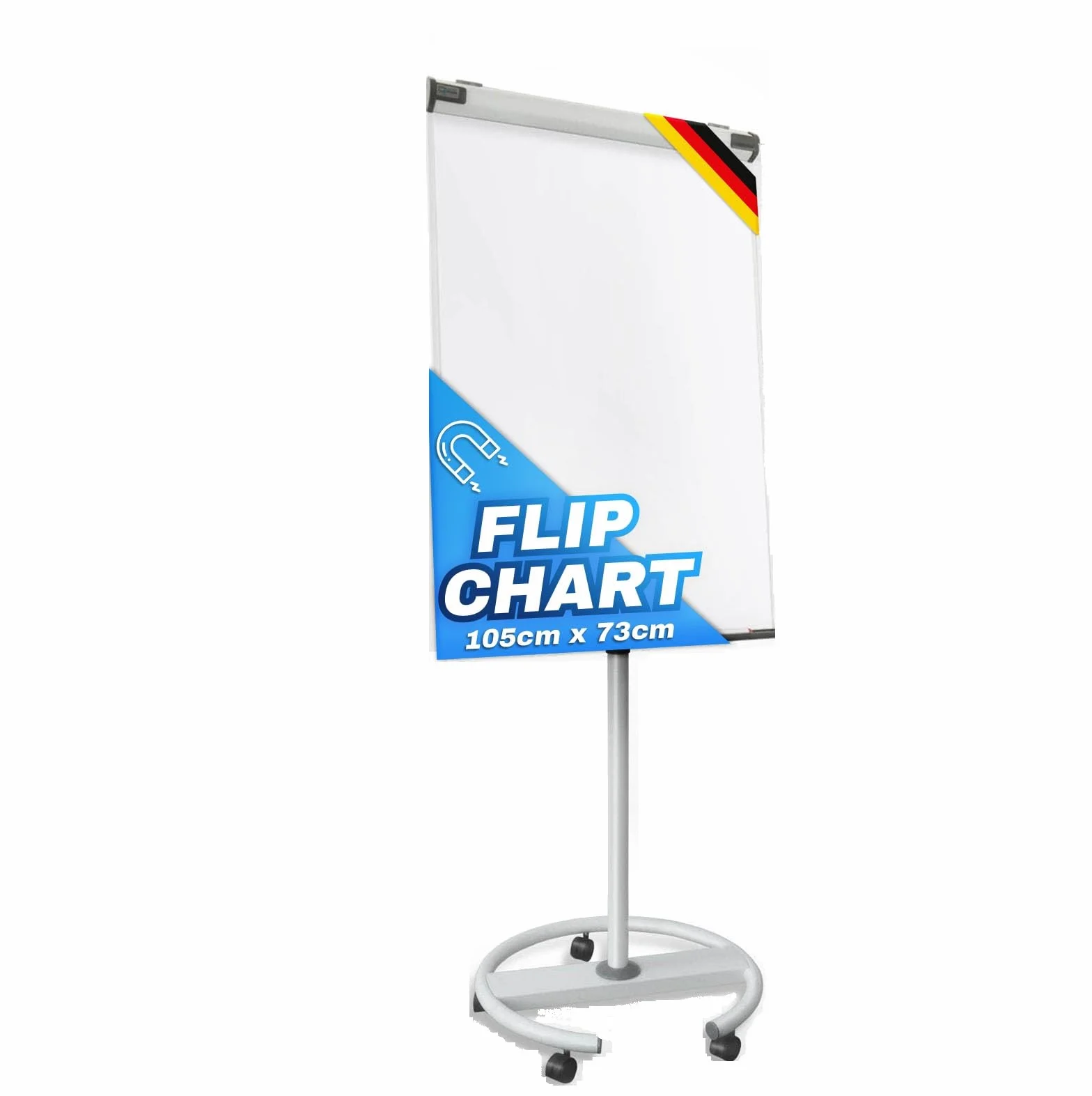 MOB Flipchart Shark Lavagna bianca mobile con base a rullo, 73 x 105 cm, regolabile in altezza fino a 210 cm, scrivibile, lavabile a secco, magnetica, con lavagna magnetica arrotolabile e bracci