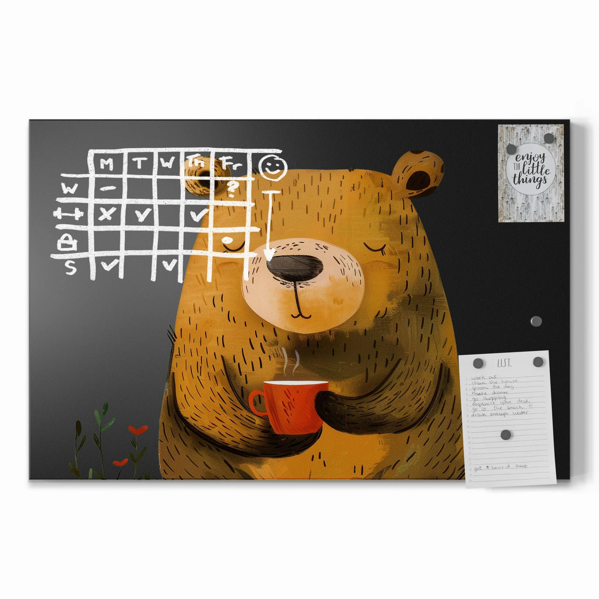 DEQORI Lavagna magnetica con stampa UV | motivo "pausa caffè orsacchiosa" | Design rettangolare 60 x 40 cm | Lavagna in metallo gesso scrivibile – Decorazione da parete per cucina, corridoio