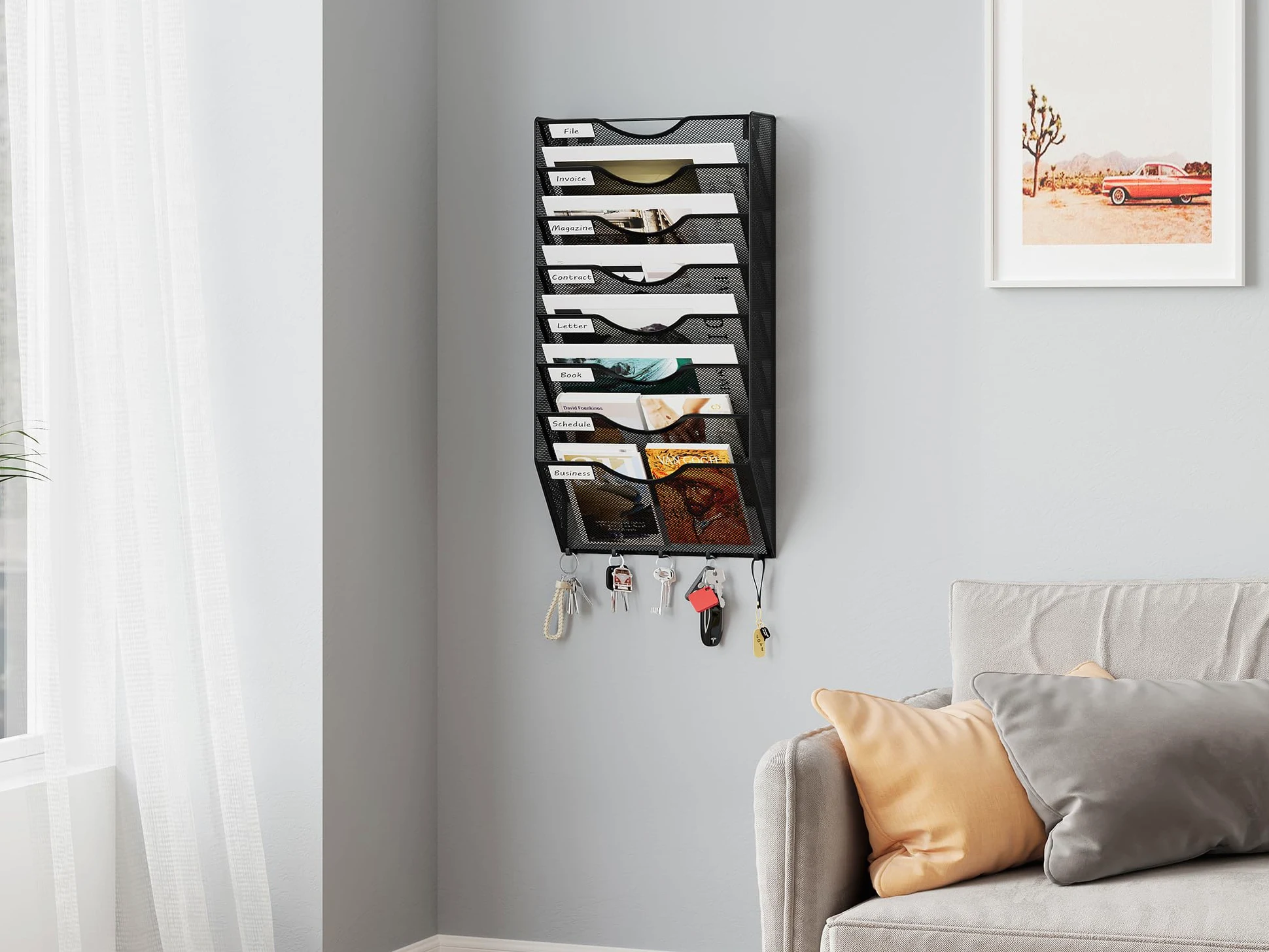 EasyPAG Portadocumenti a Parete A4 8 Compartimenti Metallo Rete,Portariviste a Muro,Porta Lettere da Appendere,Organizzatore Posta da Muro con 5 Ganci per Ufficio & Casa,Nero