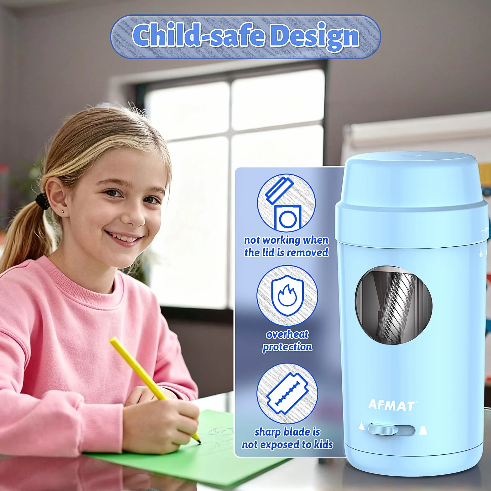 AFMAT Temperamatite elettrico completamente automatico, ricaricabile, con contenitore per matite sottili da 7-8 mm, auto in e out, temperamatite elettrico per casa, ufficio, scuola, blu, PSX8