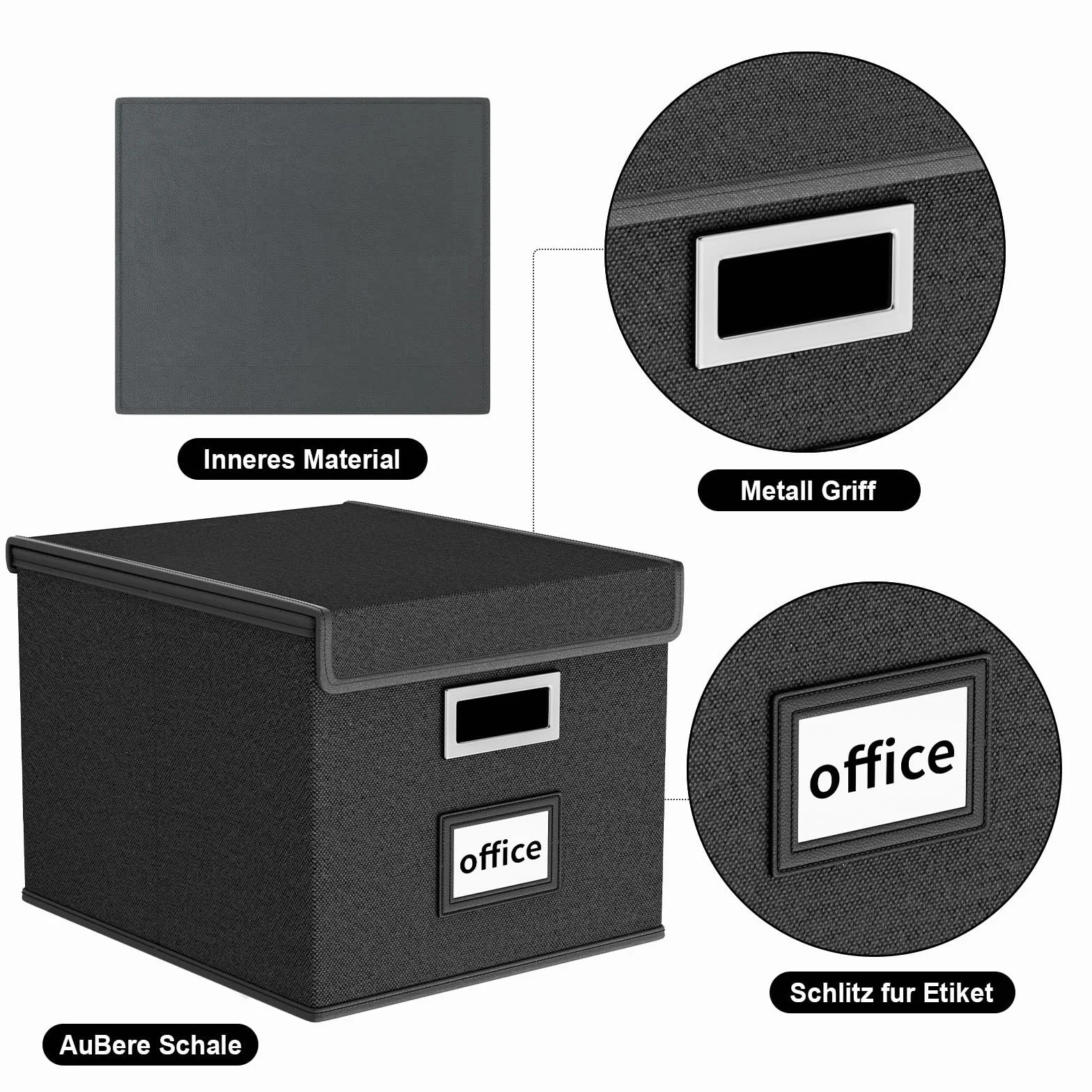 FINEW Scatola portaoggetti pieghevole in tessuto con coperchio, per cartelle sospese, formato DIN A4, scatole per ufficio, scatola pieghevole per famiglie (nero)