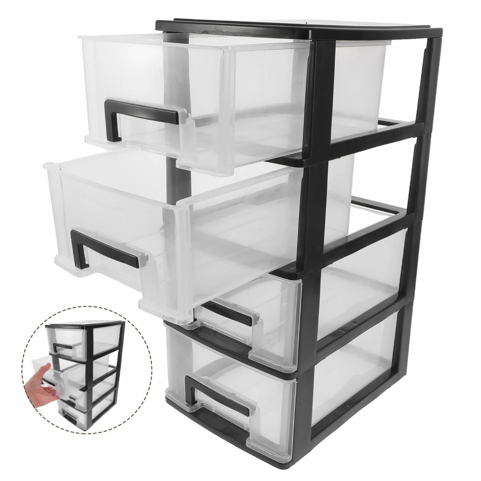 Mobiletto Cassetti in Plastica Trasparente Nero a 4 Strati, Contenitore Leggero e Compatto per Ufficio e Soggiorno, Organizer Semplice ed Elegante