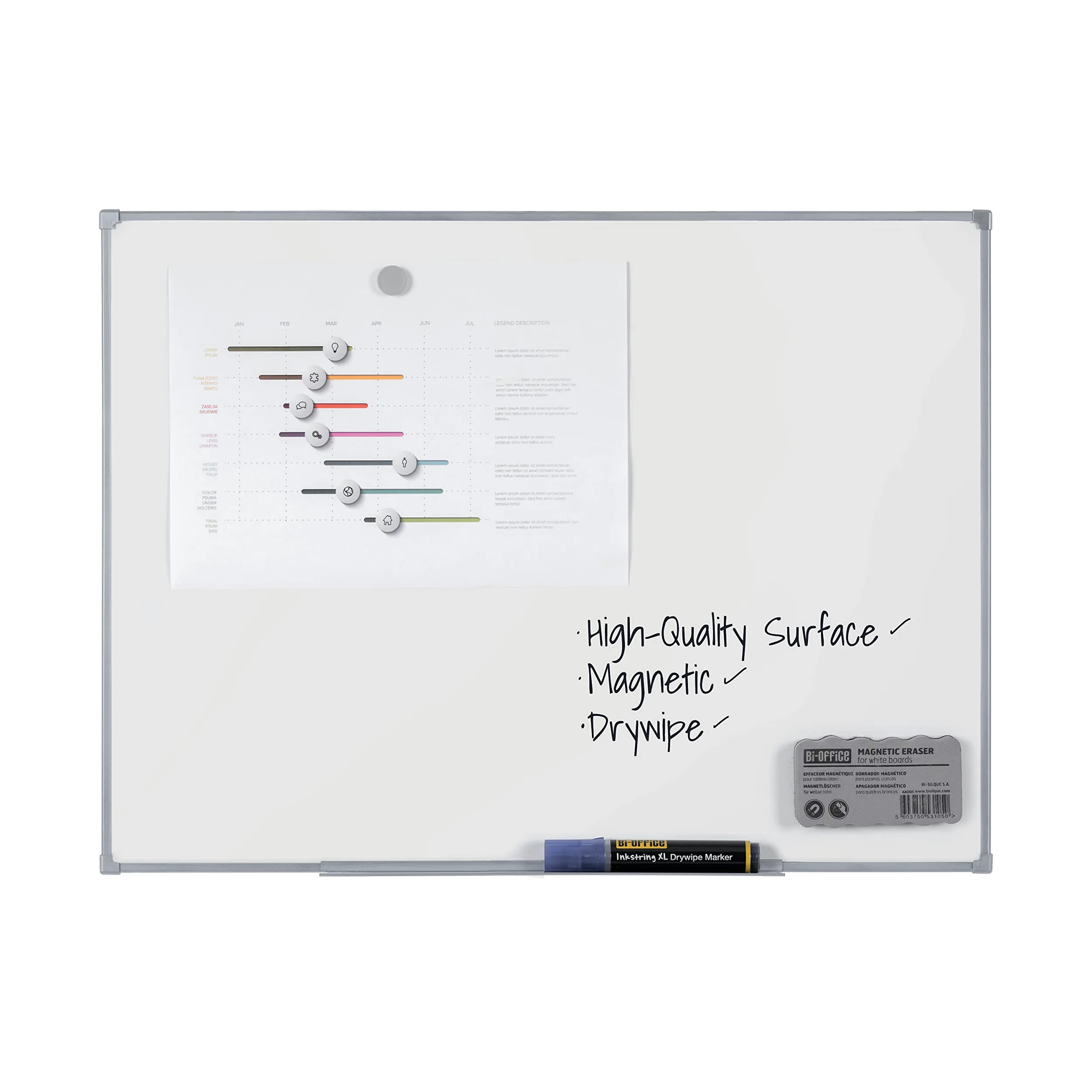 Economy Lavagna Bianca Magnetica, Lavagna Cancellabile A Secco Con Cornice Grigio, 105 x 75 cm