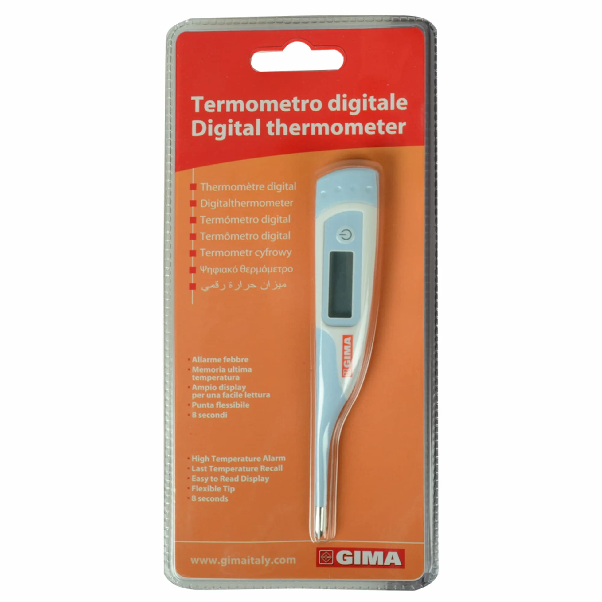 GIMA Termometro Digitale Istantaneo 8 Secondi °C/°F Punta Flessibile Impermeabile Display LCD Allarme Febbre