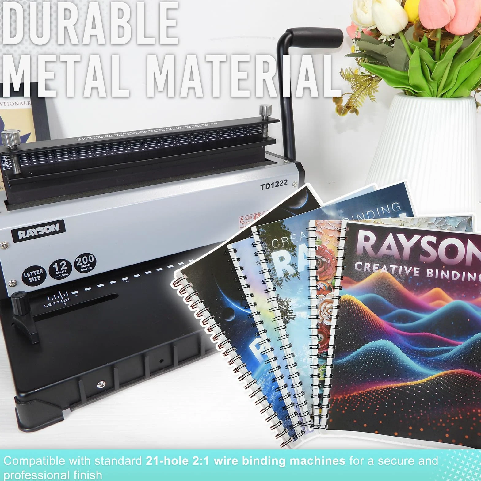 Rayson Fili per rilegatura a doppio anello, misure miste (3/8", 7/16", 1/2", 9/16", 5/8"), spine per rilegatura a filo passo 2:1, 21 anelli, nero, confezione da 100