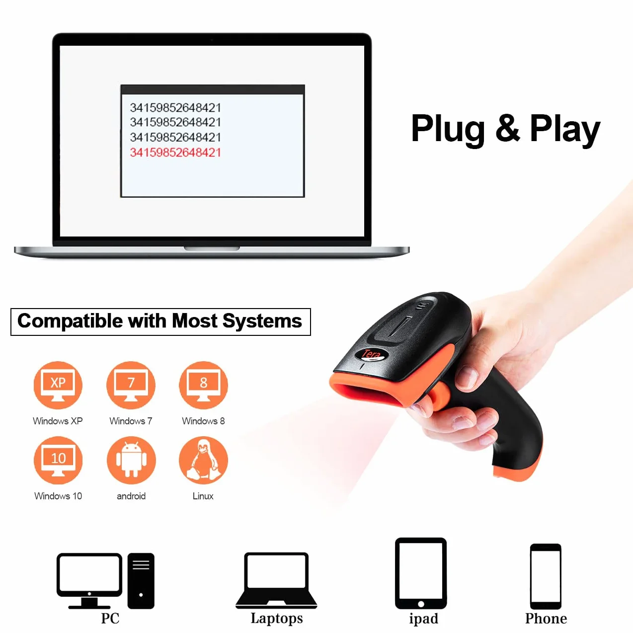 Scanner di codici a barre QR 2D wireless Tera con supporto, 3 in 1 compatibile con Bluetooth e lettore di codici a barre wireless a 2,4 GHz e USB cablato Lettore di codici a barre portatile HW0001