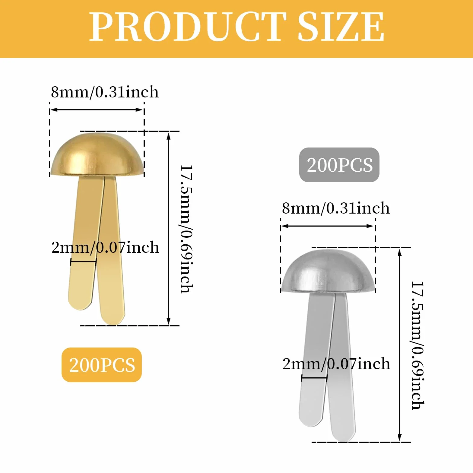 Fermacampioni Metallici 400 Pezzi Testa in Metallo Rotondo 17.5 x 8mm Antiossidanti per Scrapbooking Oro Argento