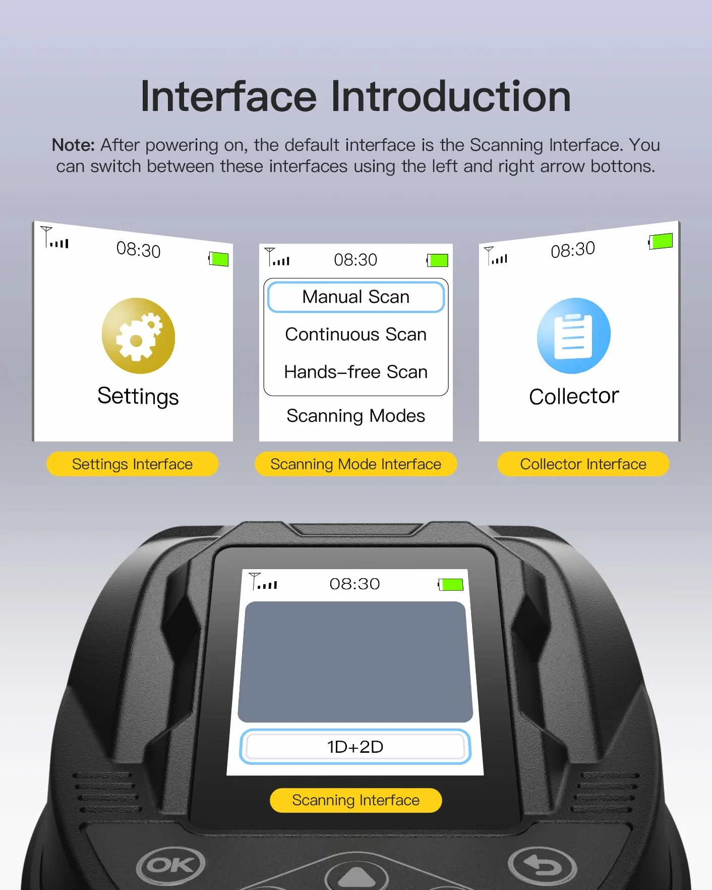 Inateck Scanner Codici a Barre Wireless 2D con Schermo, Doppio Sensore CMOS e CCD per Codici Lunghi e Sfocati, Lettore QR Bluetooth con Base di Ricarica, Tastiera per Impostazioni, Supporta App SDK
