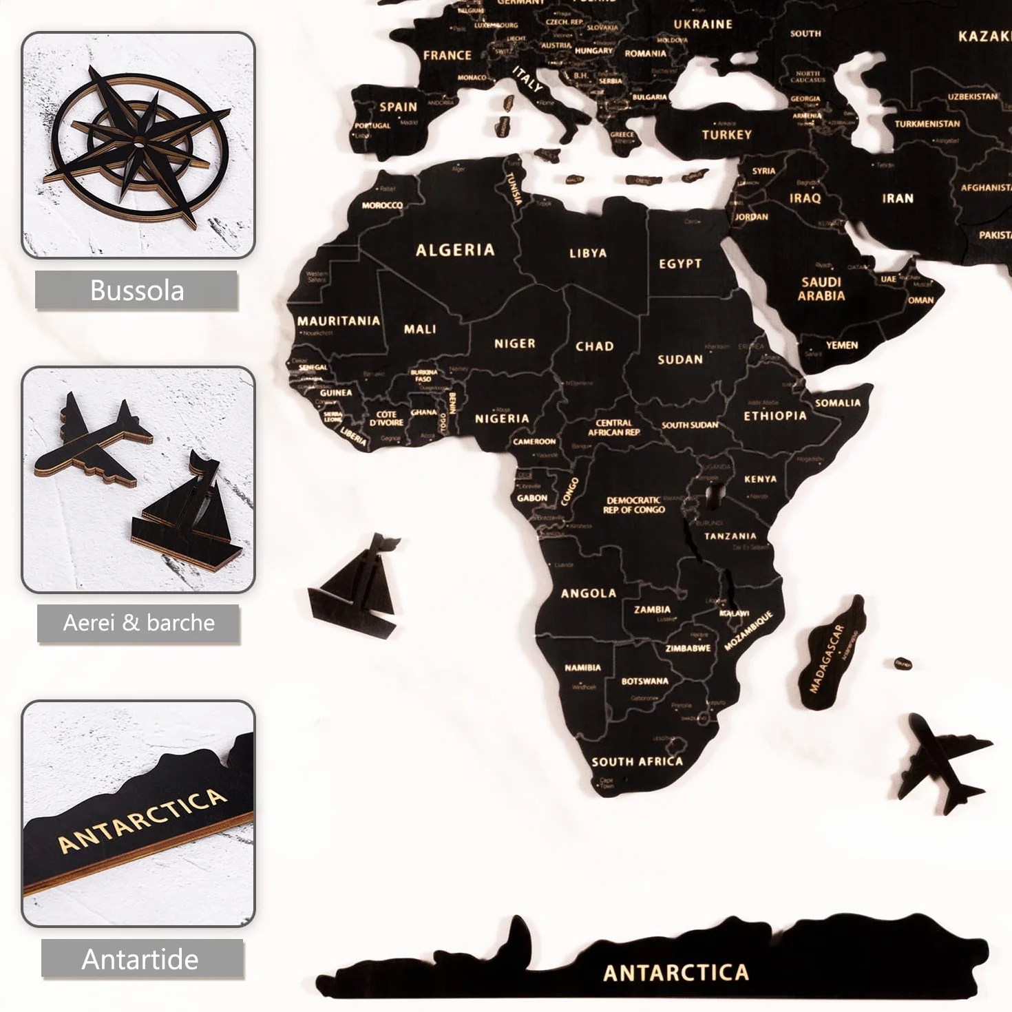 Creawoo Mappa del Mondo in Legno da Parete Decorazione, Nero Mappamondo in Legno Parete Puzzle Arte per Soggiorno, Ufficio, Camera Decorazione -200x114 CM