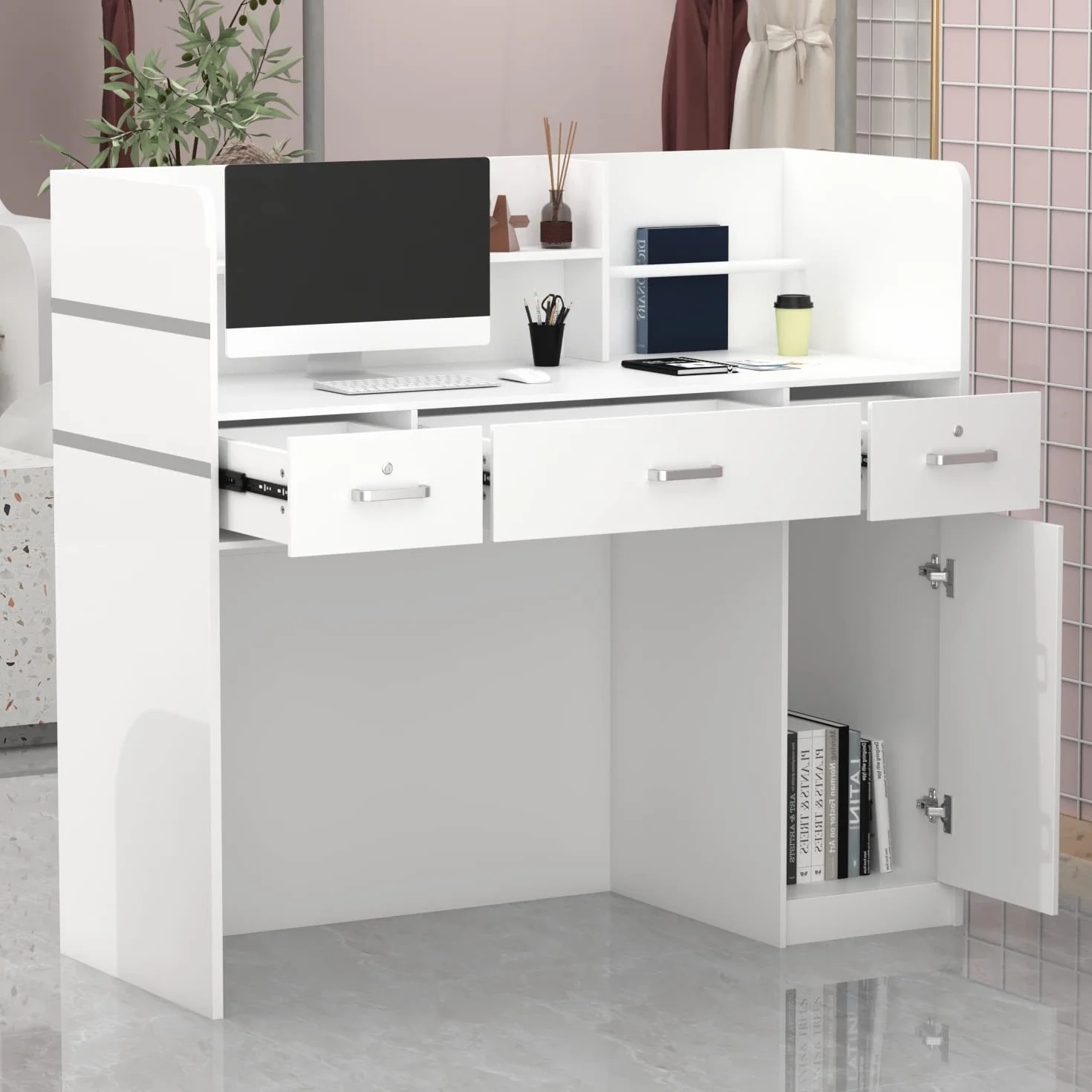 Banco reception, tavolo bancone per ufficio con 3 cassetti, disponibile, schermo privacy, bianco, MDF, maniglia in metallo, 110 x 120 x 48 cm