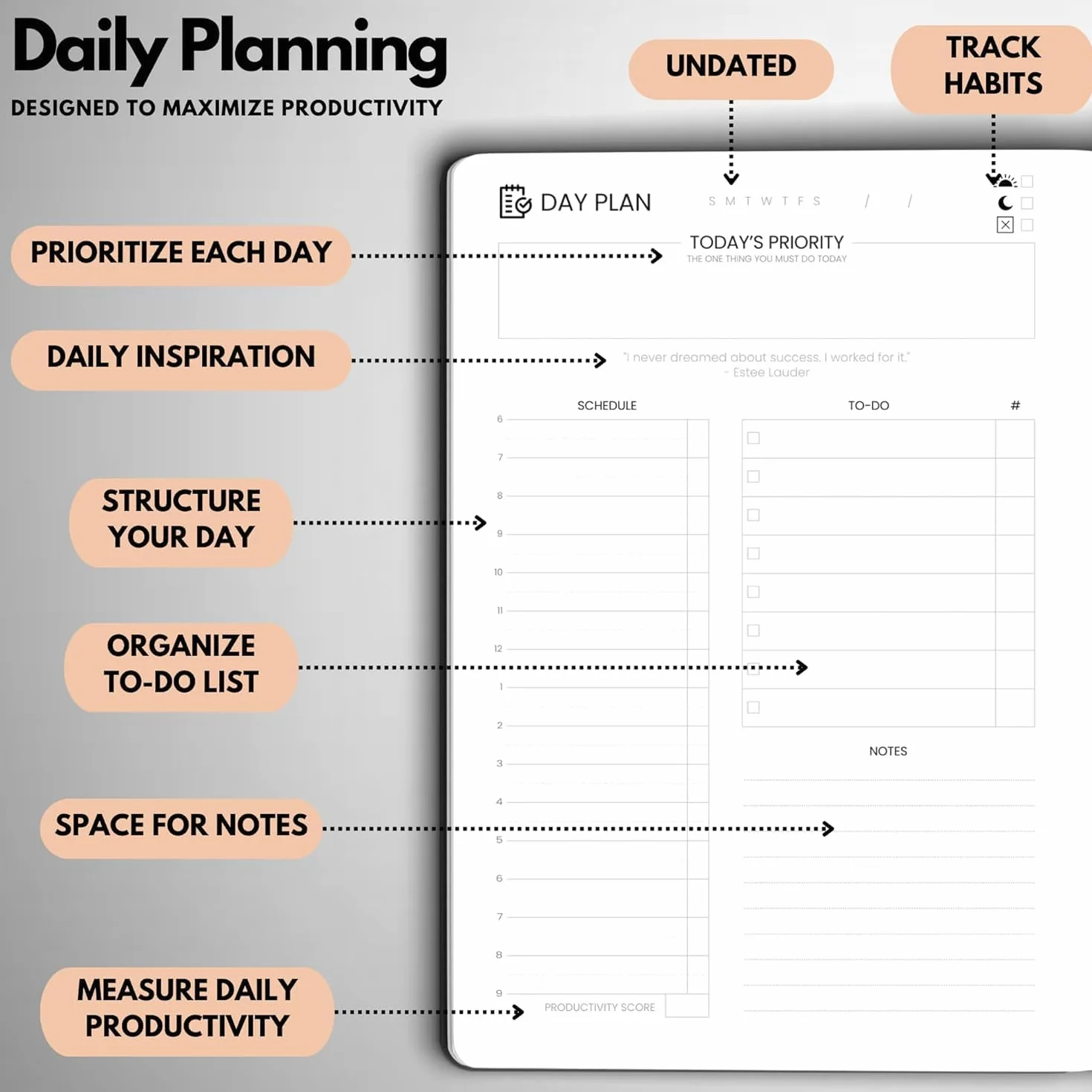 Wyze Planner Agenda giornaliera non datata, organizer per la produttività di 3 mesi, formato A5, con pagina intera al giorno, programma orario, impostazione obiettivi, tracker abitudini, pagine