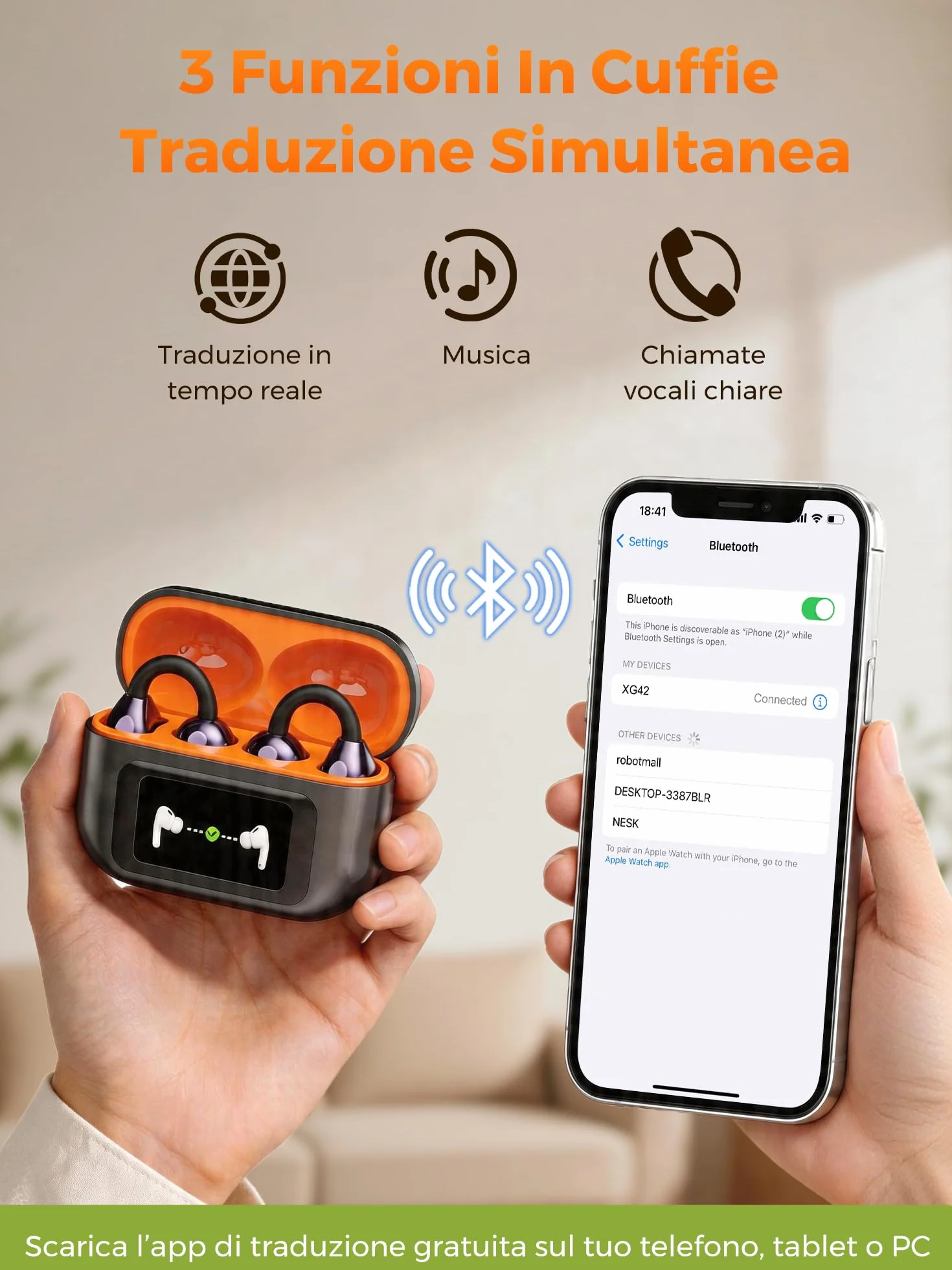 AI Cuffie Traduzione Simultanea Istantanea:3-In-1 Schermo LCD Touch Auricolari Traduttore Simultaneo-30H Autonomia Traduttore Simultaneo Vocale 159 Lingue 7 Modi Di Traduzione Per Viaggi Affari Studio