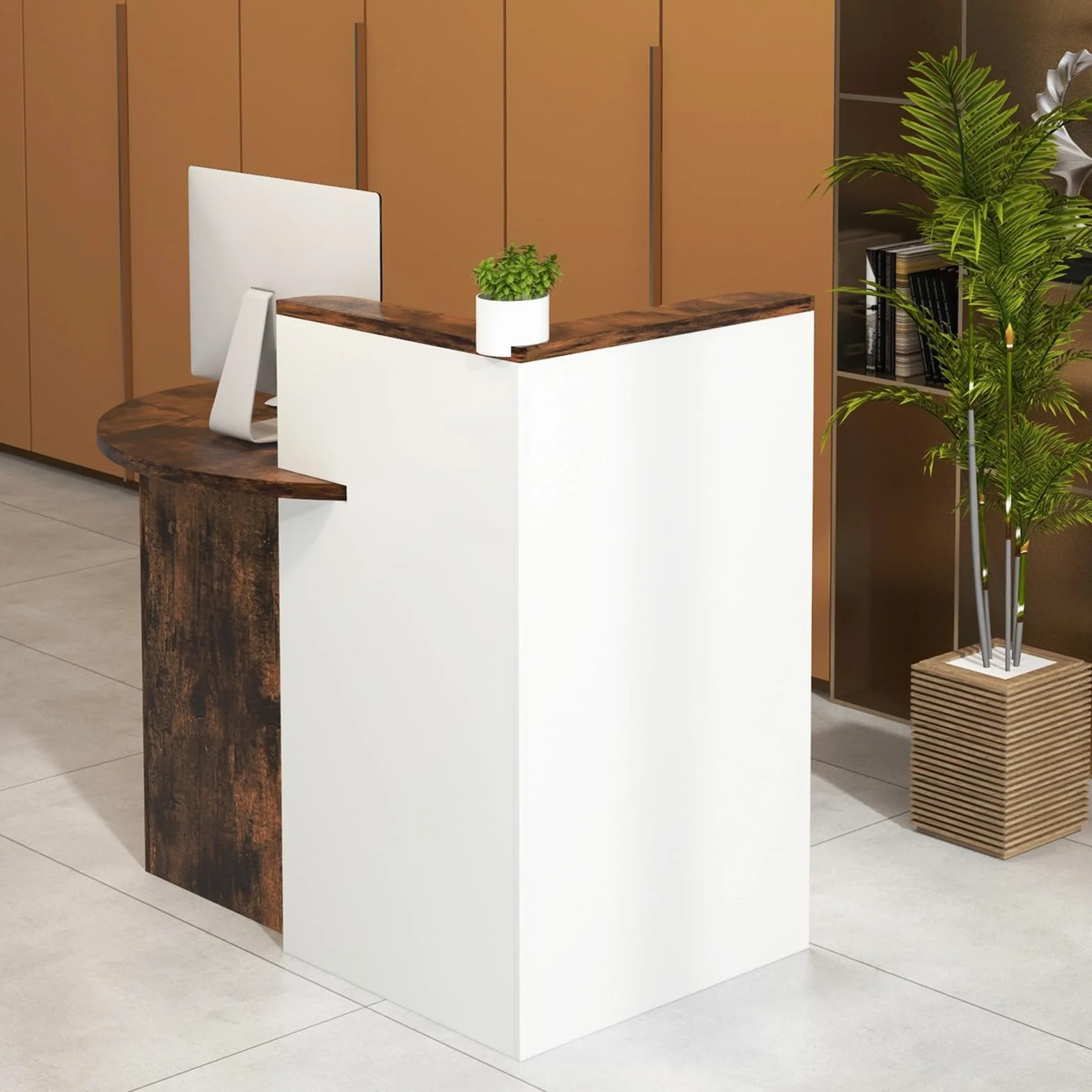 COSTWAY Banco Reception a Forma di L, Bancone per Cassa con Ripiano Regolabile e Cassetto Bloccabile, Piano Ovale, per Negozio, Salone e Ufficio, 120 x 55 x 100 cm (Marrone Rustico+Bianco)