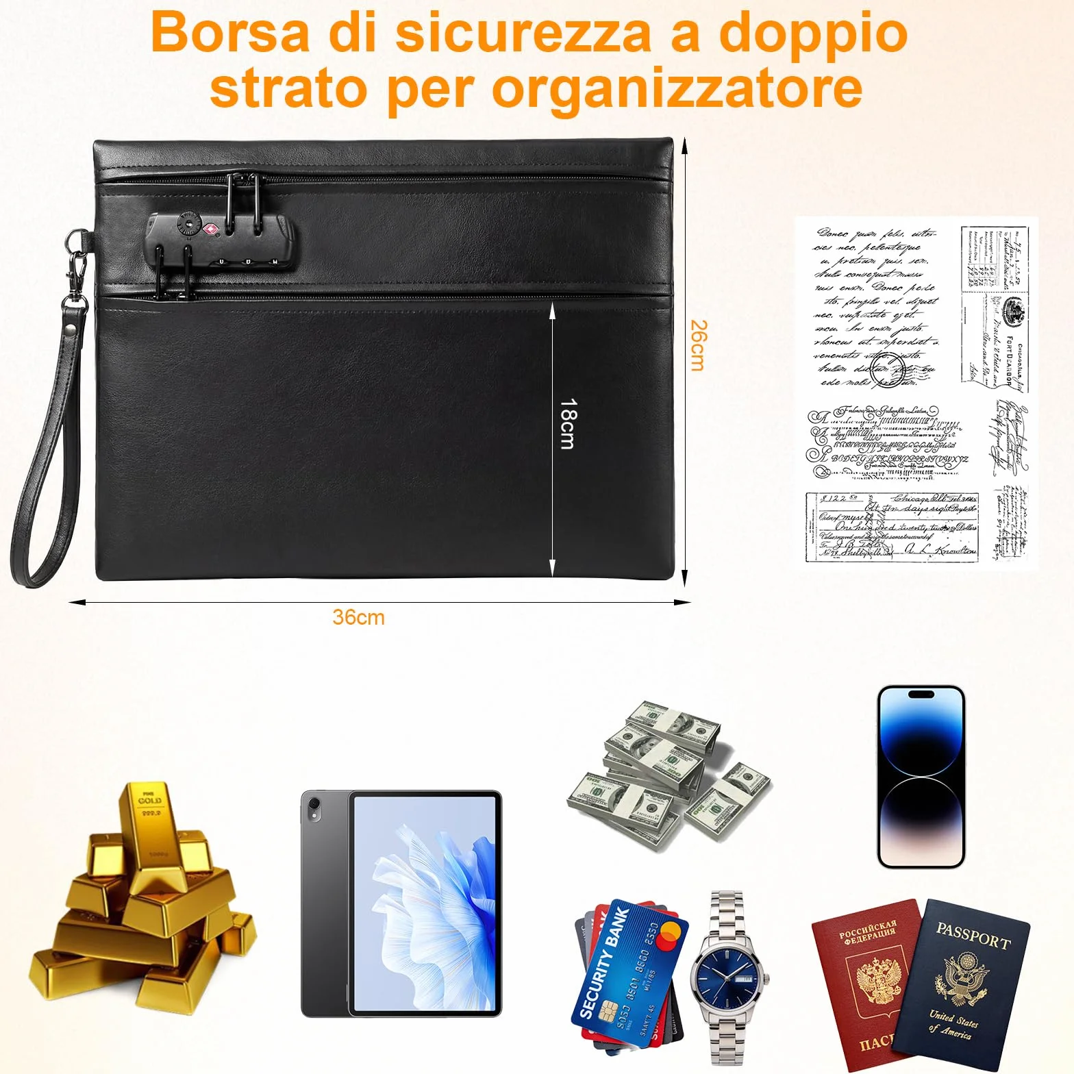 Borsa per Documenti Ignifuga Impermeabile 6400°F con Serratura 12 Strati Valigetta Portatile Anti Fuoco Nero 36x26cm