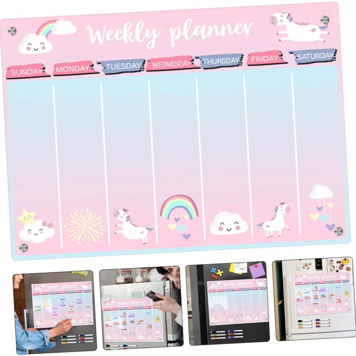 VILLCASE Lavagna Magnetica Acrilica Cancellabile a Secco per Frigorifero, Planner Settimanale Superficie Riutilizzabile e Design Colorato per Organizzazione Cucina