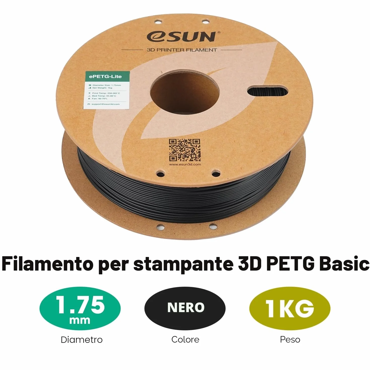 eSUN PETG Filamento 1,75 mm 1 kg Nero per Stampanti 3D