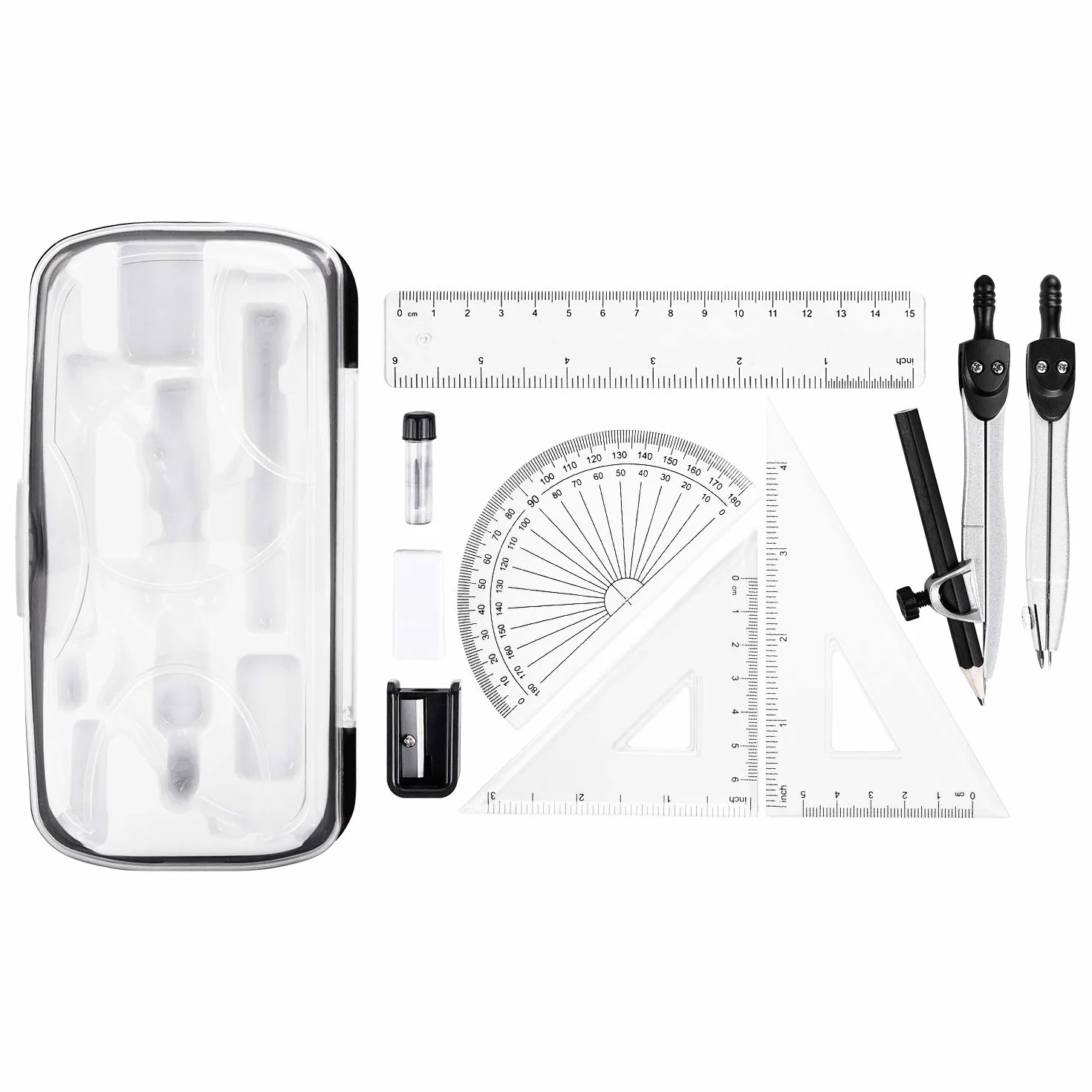 Amazon Basics Kit da 10 pezzi per matematica, compassi, righello, goniometro, squadre, matita e custodia