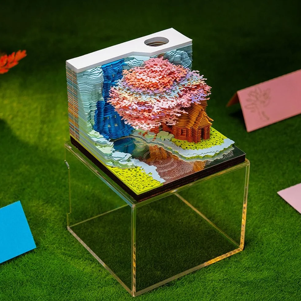 Calendario 3D 2026, Casa sull'albero con luce, creativo 3D Fantasy Casa sull'albero Memo Pad Calendario da scrivania, Casa sull'albero di fantasia, Scultura in carta per casa e ufficio, decorazioni da