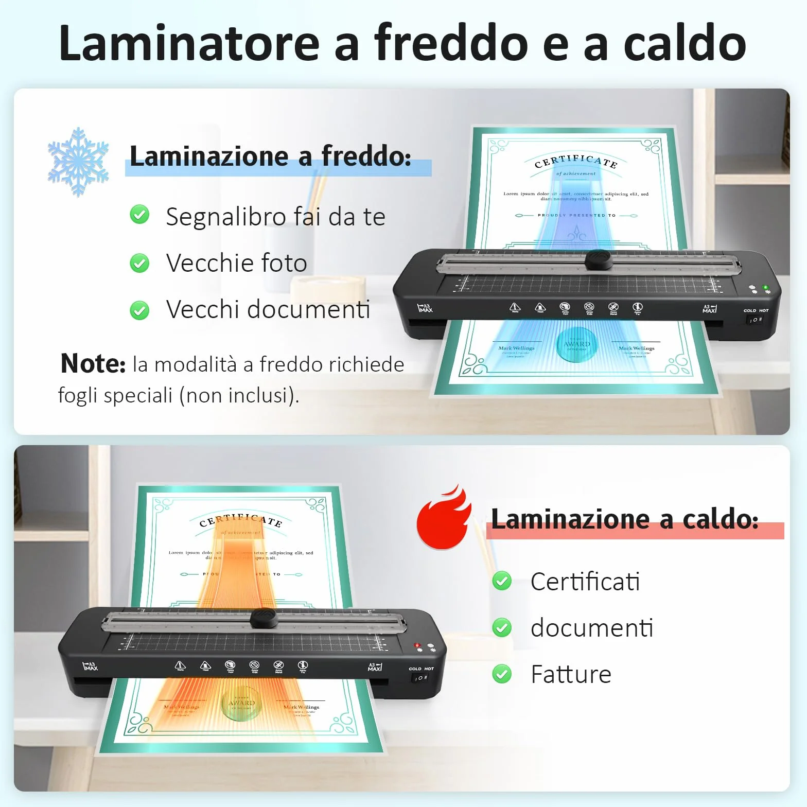 Plastificatrice A3 Integrata, Calda e Fredda, Con 20 Fogli di Pellicola di Laminazione per A4 A5 A6, Con Bordo Angolare, per Ufficio, Casa, Scuola