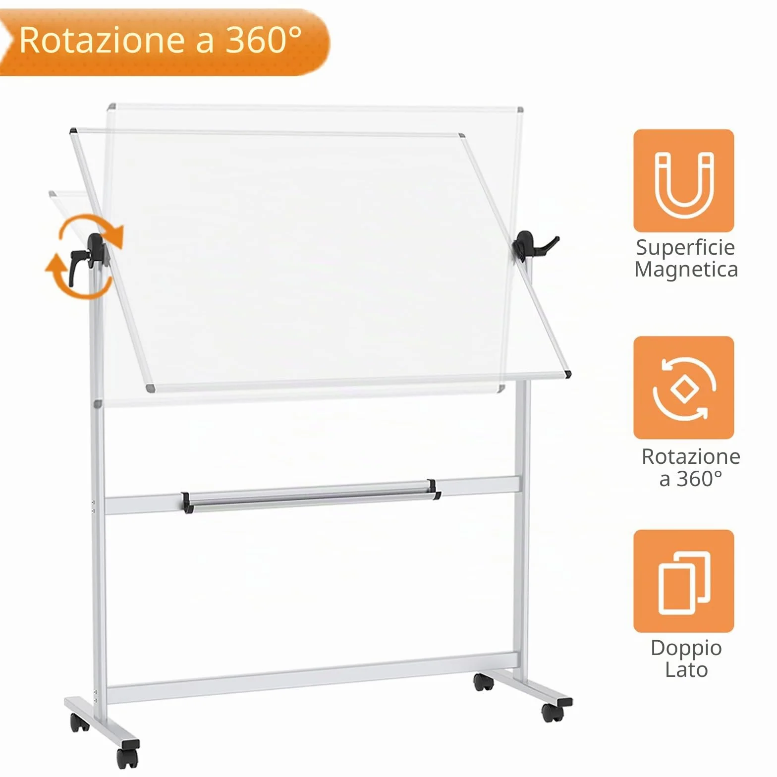 VIZ-PRO Lavagna Bianca Mobile con Supporto, Doppia Faccia, Cornice in Alluminio, 120 x 90 cm