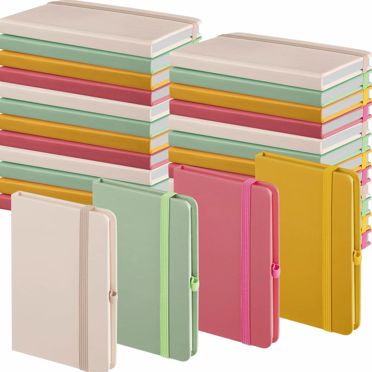 Laumoi 12 piccoli quaderni tascabili A6, 8,9 x 14 cm, in pelle, a righe, con fascia elastica, portapenne, nastri segnalibro (colori vivaci)