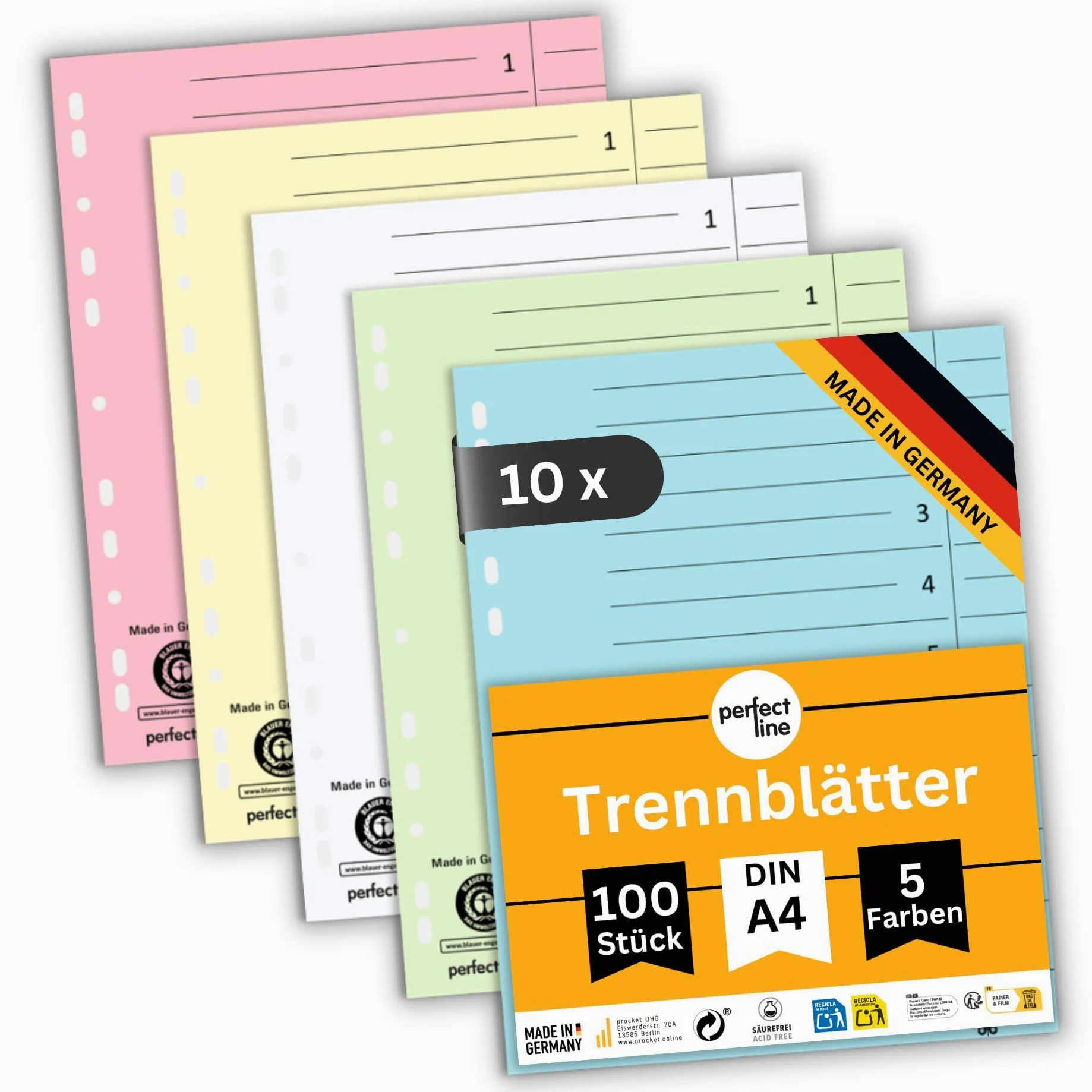 perfect line - 1.000 divisori, 5 colori pastello – carta riciclata resistente, per raccoglitori DIN A4 e raccoglitori ad anelli – per ufficio, scuola o casa – certificato Blauer Engel (10 x 100 fogli)