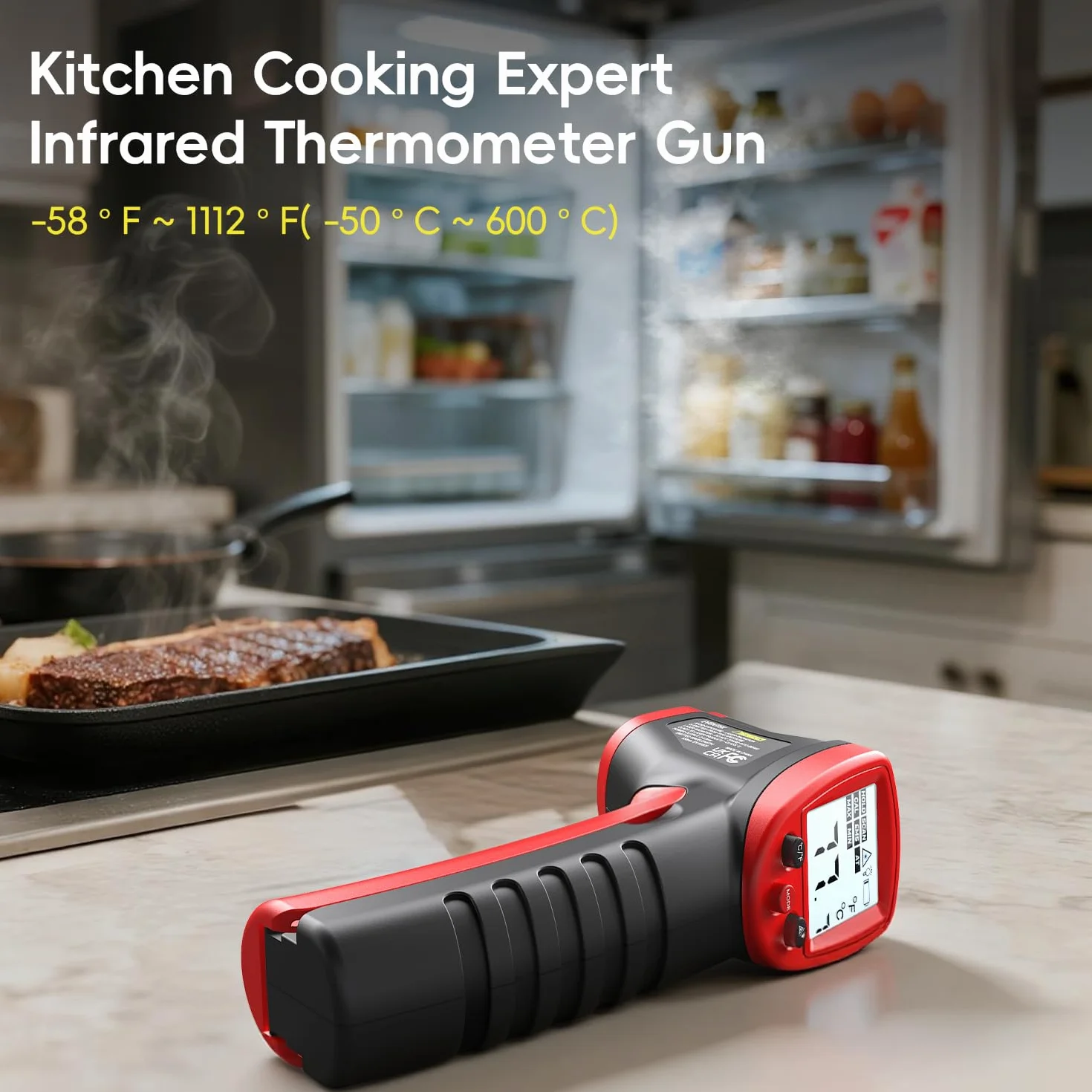 Eventek Termometro Infrarossi -50°C ~ 600°C Senza Contatto Laser Emissività Regolabile per Cucina Forno Pizza
