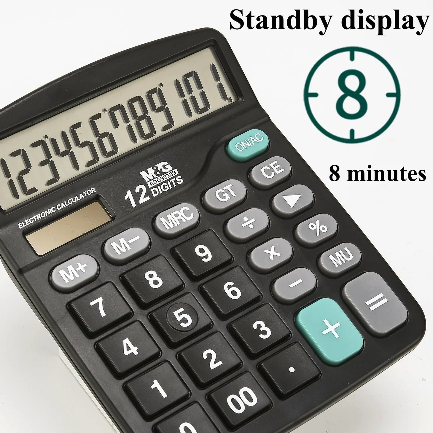 M&G Calcolatrice da scrivania a 12 cifre, con ampio display LCD, doppia energia solare e batteria, calcolatrice da incasso con pulsanti grandi per ufficio, casa, scuola (nero)