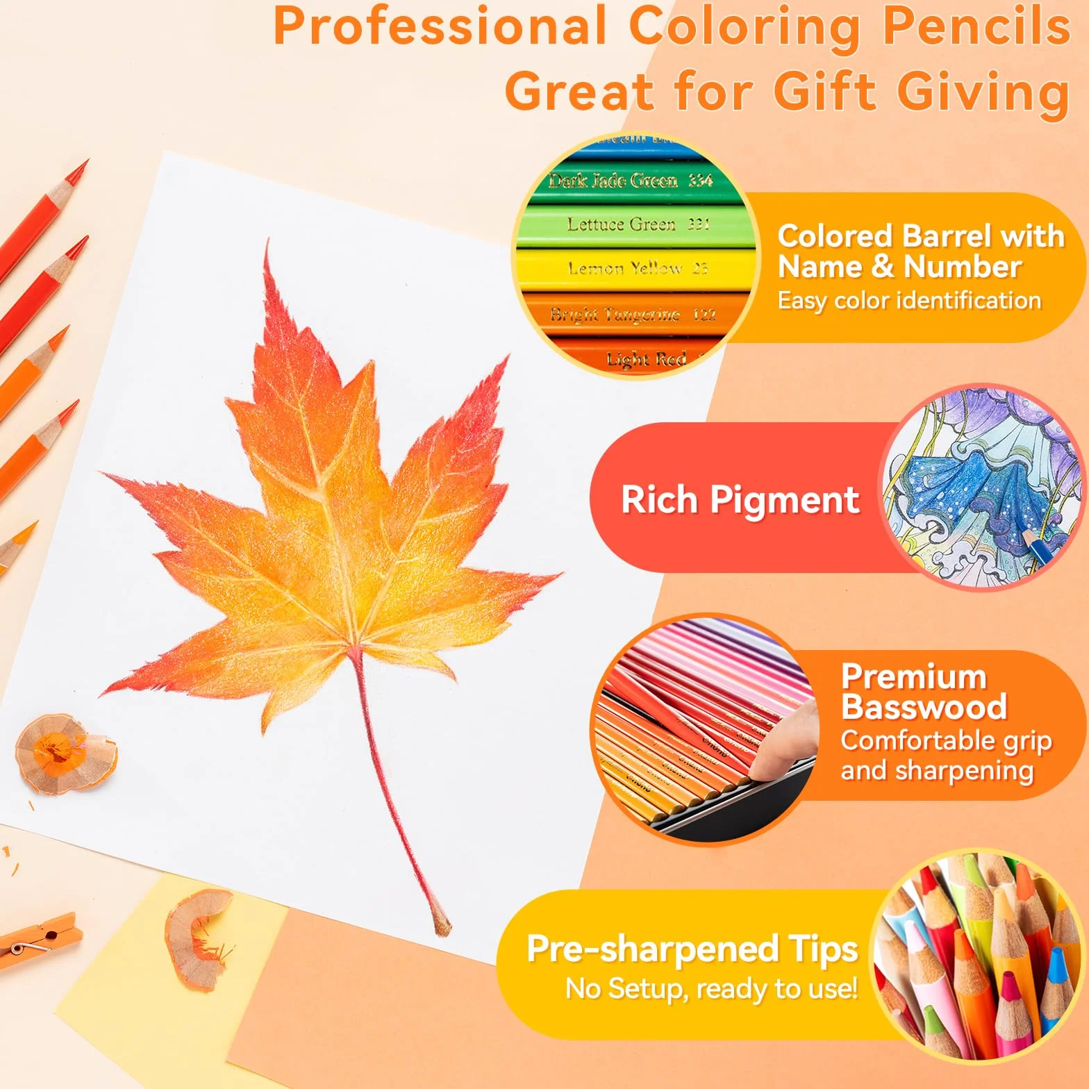 Ohuhu Matite colorate, 72 colori a matita sfumabili ad alta pigmentazione con anima morbida e spessa da 4 mm a base di olio per artisti professionisti che disegnano e fanno schizzi - Halawa Series
