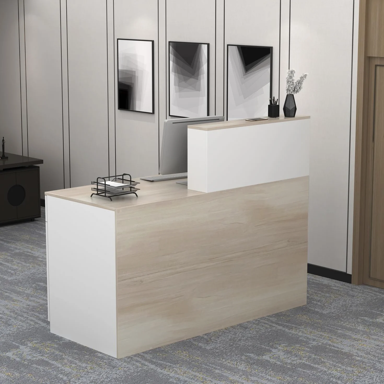 Banco della reception, grande bancone della reception, cassette con scomparti aperti, reception, banconi della reception, mobili da ufficio, colore legno e bianco, 140 x 60 x 110 cm, MDF