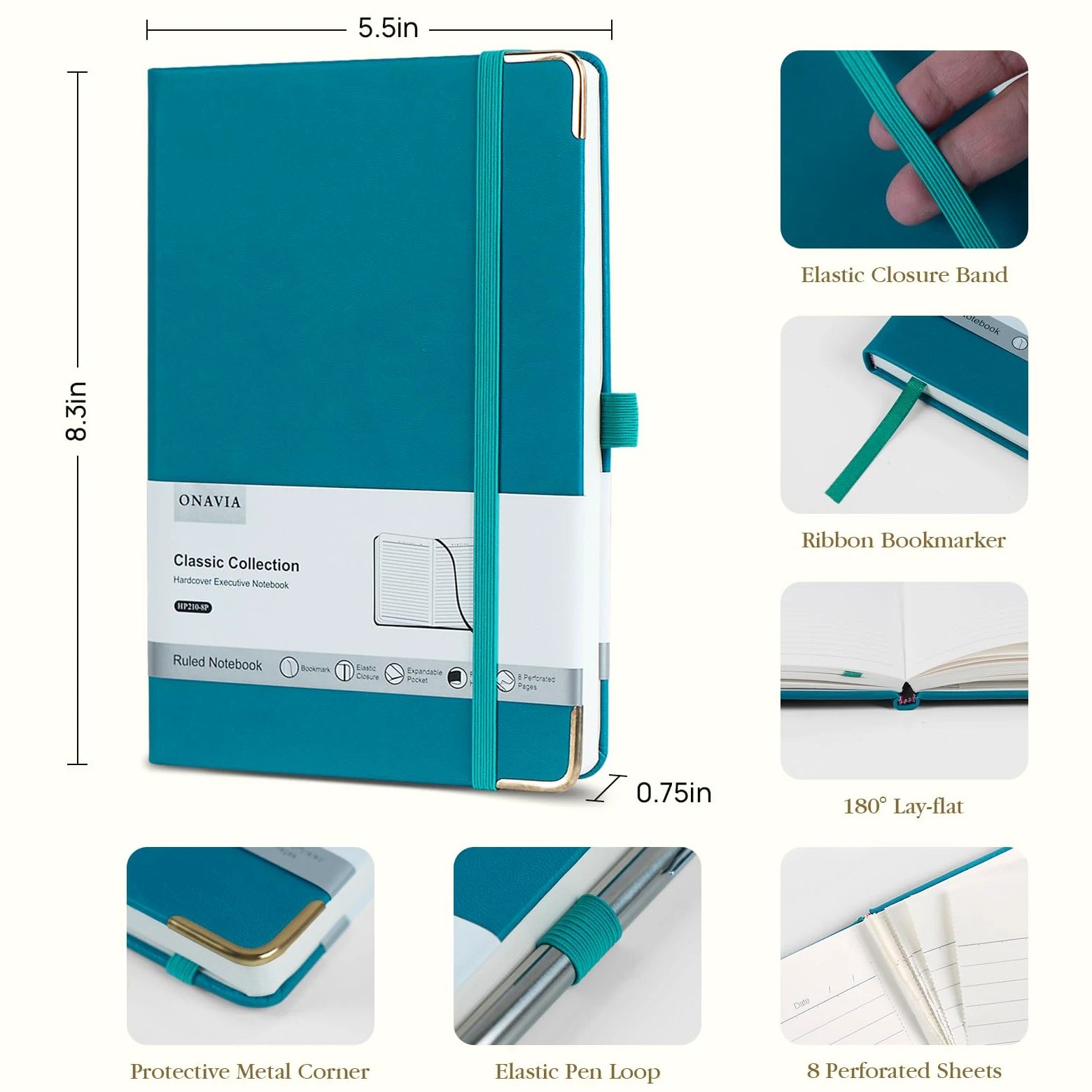 ONAVIA Taccuino a Righe A5 Copertina Rigida, 160 Pagine, Set 8 Colori | 14 x 21 cm, 100 g/m², Classico Quaderno Appunti di Linea, Tasca Interna, Chiusura ad Elastico, Portapenne