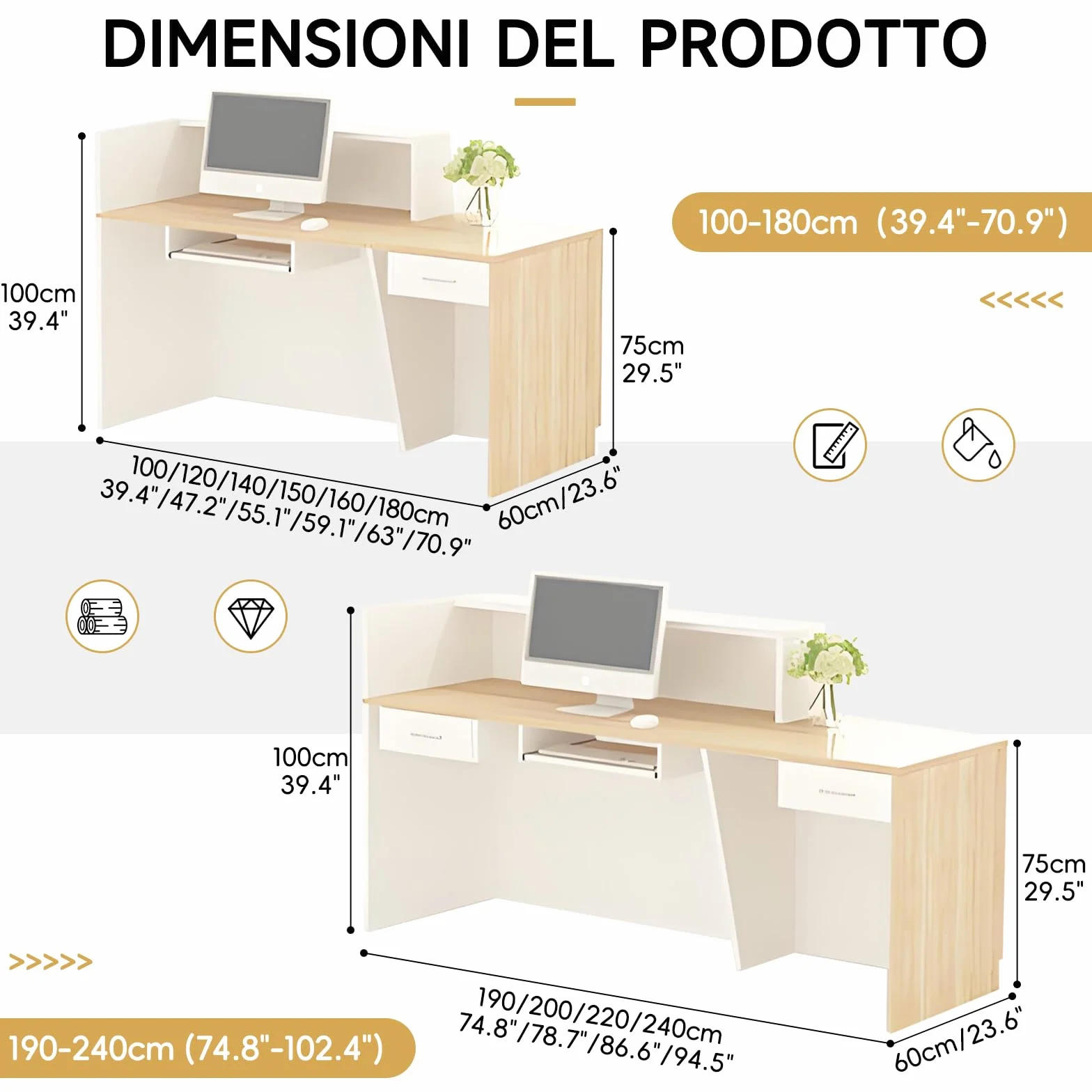 Bancone Reception Moderno con Spazio di Archiviazione, Scrivania Reception da 100–240 cm con Cassetto e Ripiani, Ideale per Uffici, Saloni, Hall e Negozi