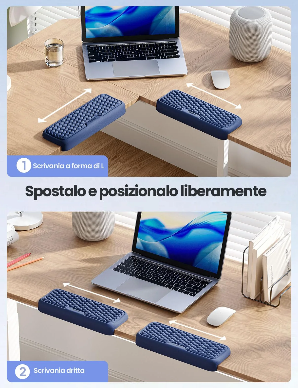 VAYDEER 2 Pz Poggiapolsi Memory Foam Antiscivolo Ergonomico per Scrivania Ufficio Gaming Blu