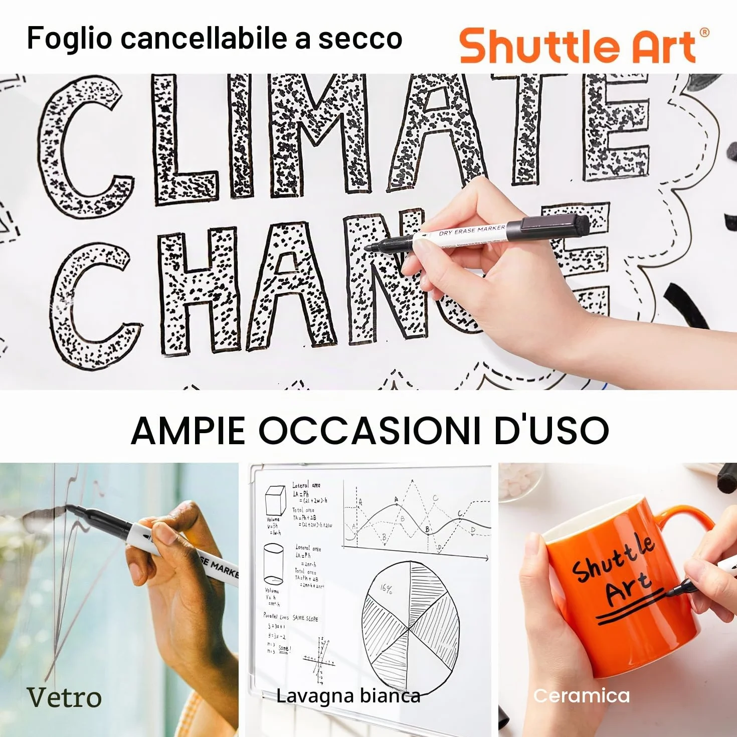 Shuttle Art Pennarelli Lavagna Bianca Cancellabili Punta Fine, 15 Neri, Pennarello Bianco Secco per Scritte Ufficio Casa