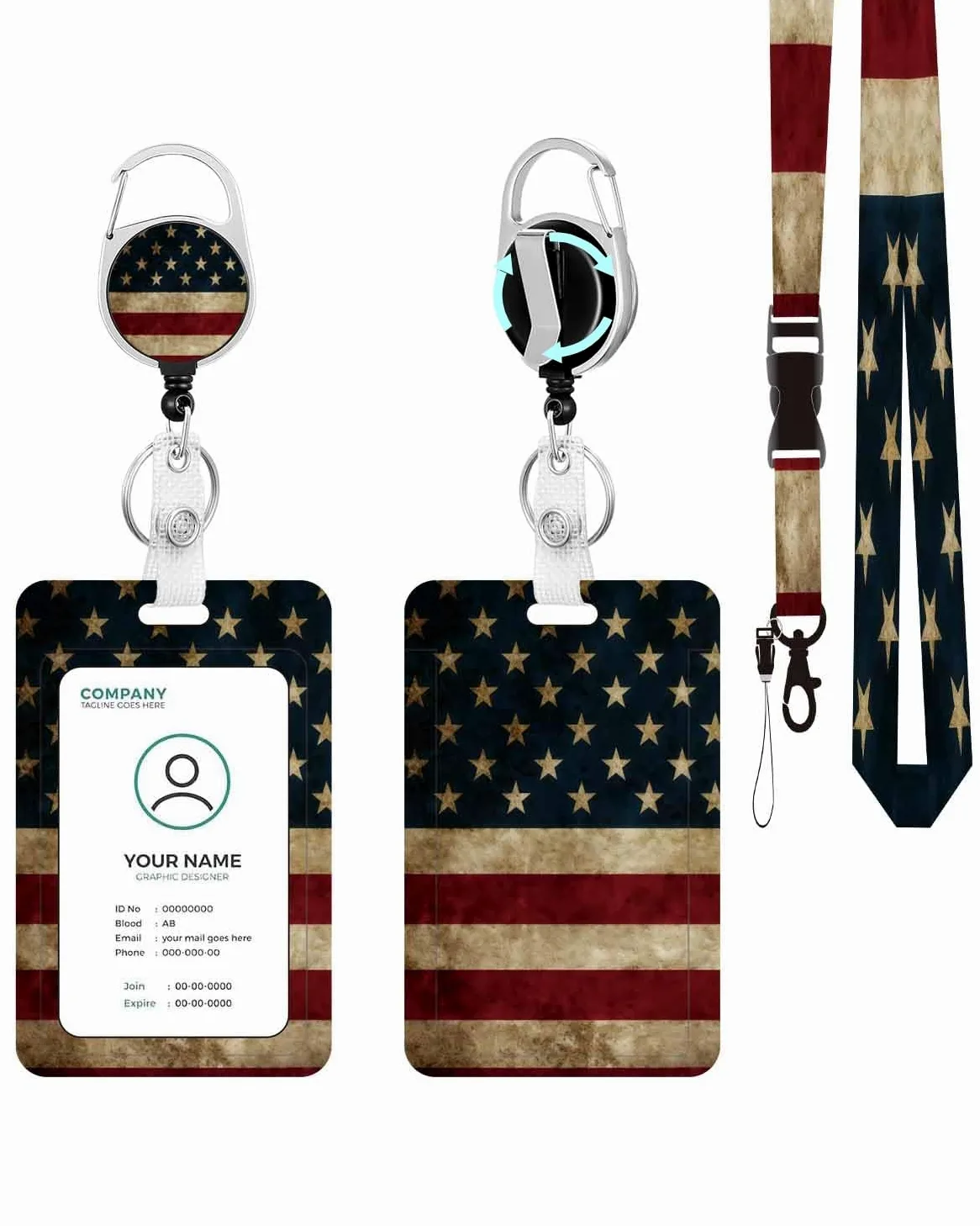 Porta badge con cordino, clip retrattile per badge e cordino staccabile, clip verticali per documenti, per uomo, donna, insegnanti, studenti, impiegati, infermieri, bandiera antica