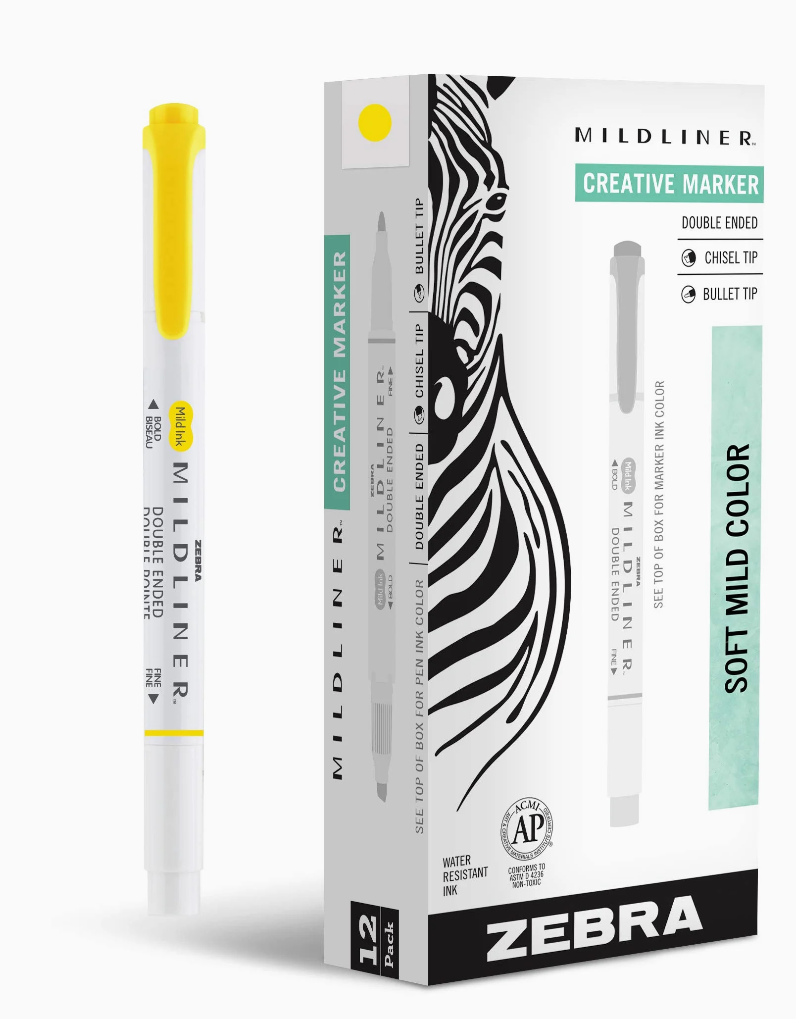 Zebra Penna Mildliner, evidenziatore a doppia punta, punta larga e fine, giallo limone, 12 pezzi