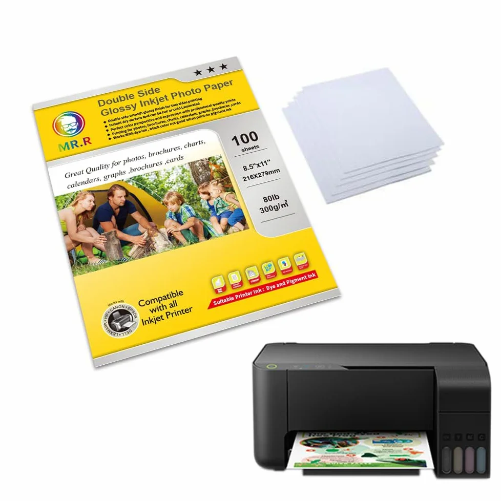 MR.R Carta fotografica a getto d'inchiostro lucida a doppio lato, 21,6 x 28 cm (dimensione lettera) con 100 fogli per confezione, 36,3 kg - 300 g/m²