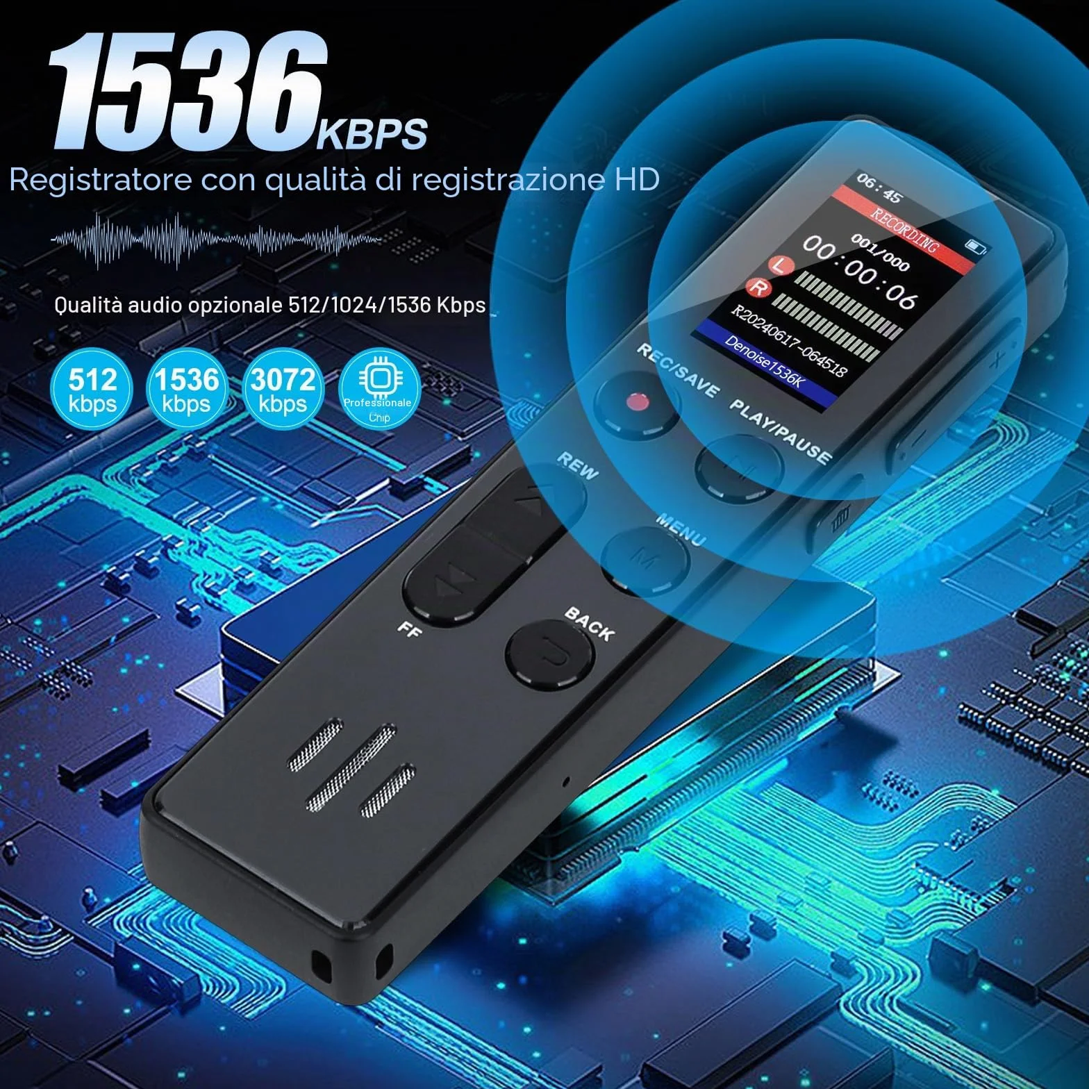 Registratore Vocale Digitale da 64 GB, Attivato, Portatile con Riproduzione, HD per Interviste/Lezioni/Riunioni