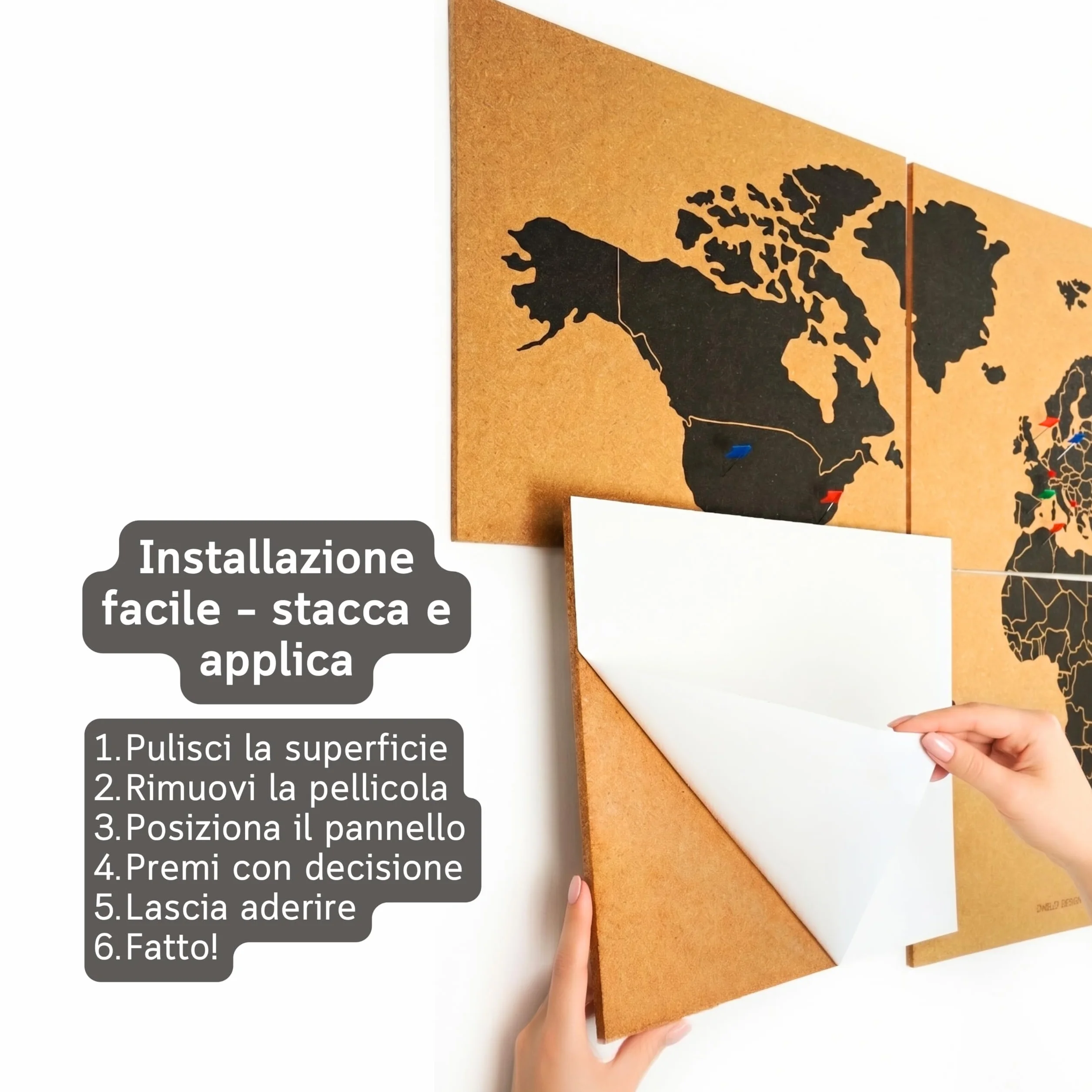 Mappamondo da Parete 90x45 cm – 6 Pannelli Autoadesivi in Sughero – Mappa del Mondo con Puntine – Planisfero Segna Viaggi – 60 Puntine Incluse