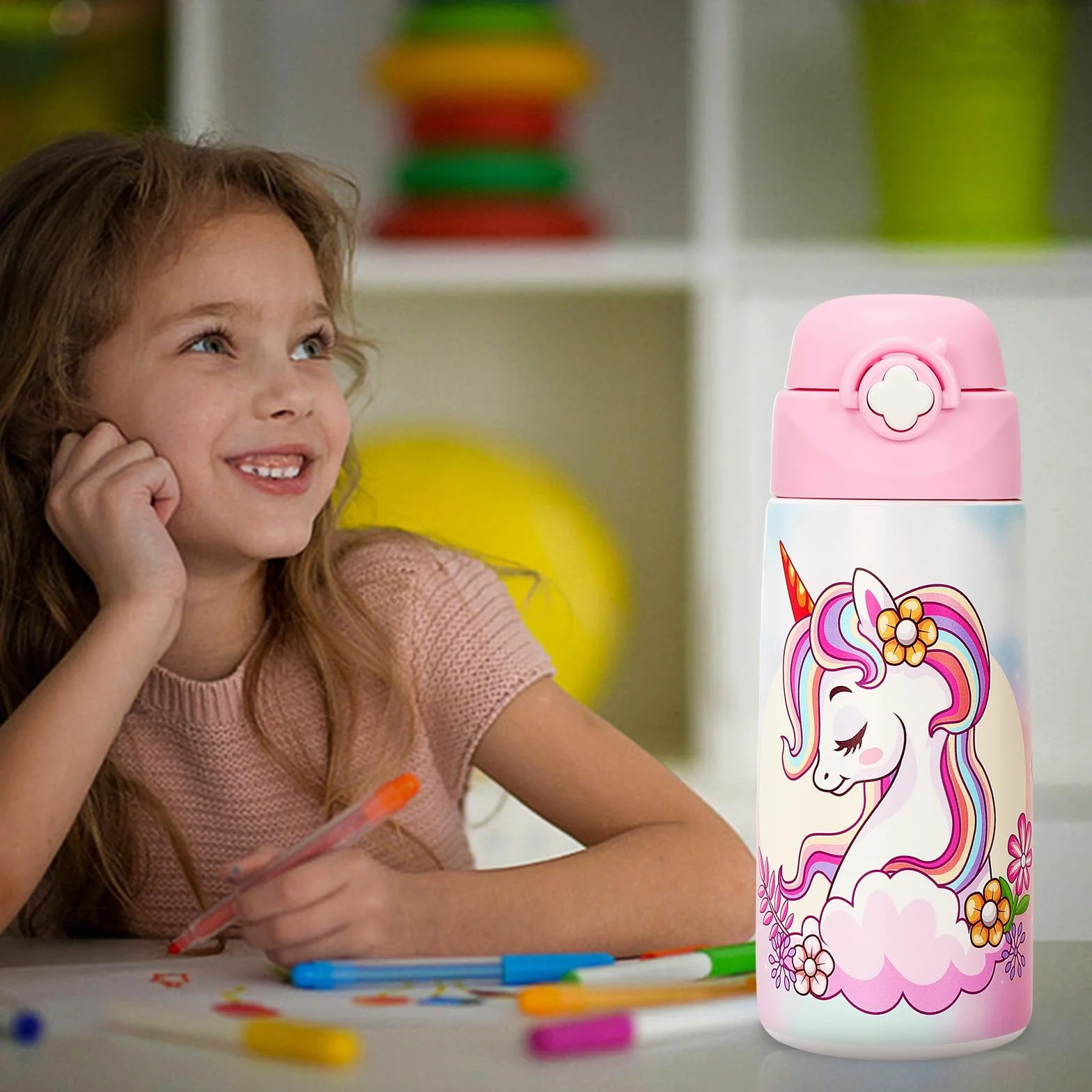 Borraccia Termica Bambini In Acciaio Inox 500 Ml Senza Bpa Bottiglia Acqua Con Cannuccia A Prova Di Perdite Unicorno