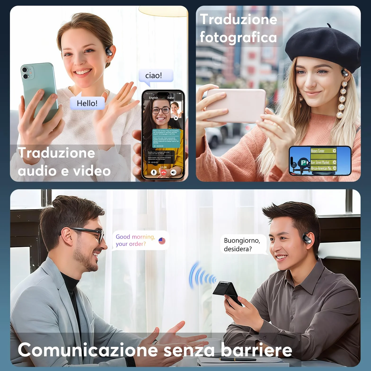 Paekole AI Cuffie Traduzione Simultanea, 2026 Auricolari Bluetooth 6.1 Wireless, 4 in1 Cuffie Traduzione Bluetooth 60 ore con ENC, 198 Lingue Auricolari Traduttori Istantanei Vocali Gratuite