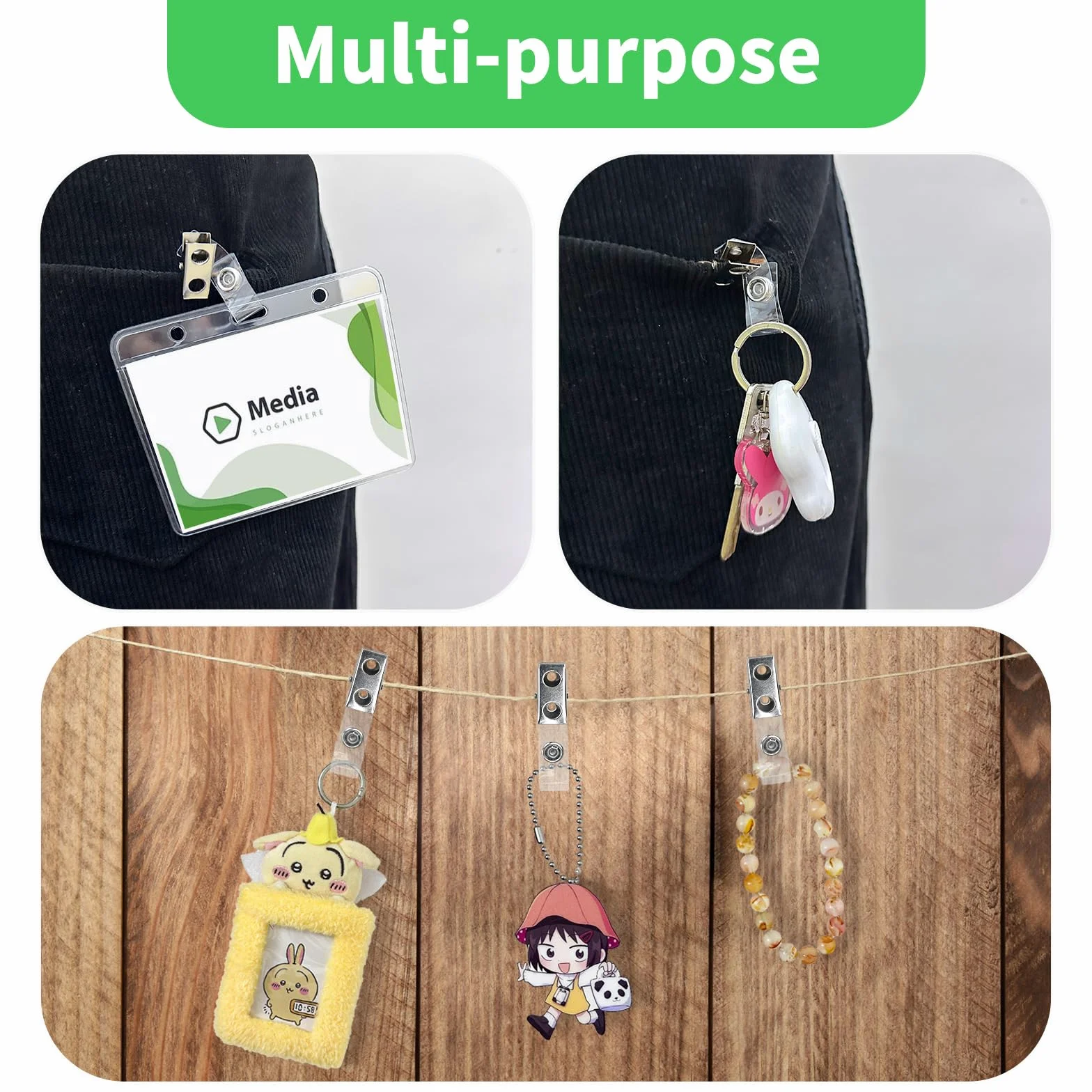 Confezione da 400 clip per badge in metallo, a doppio foro, con cinghie in PVC trasparente, per targhette, carte d'identità e porta badge, forniture per ufficio e lavoro