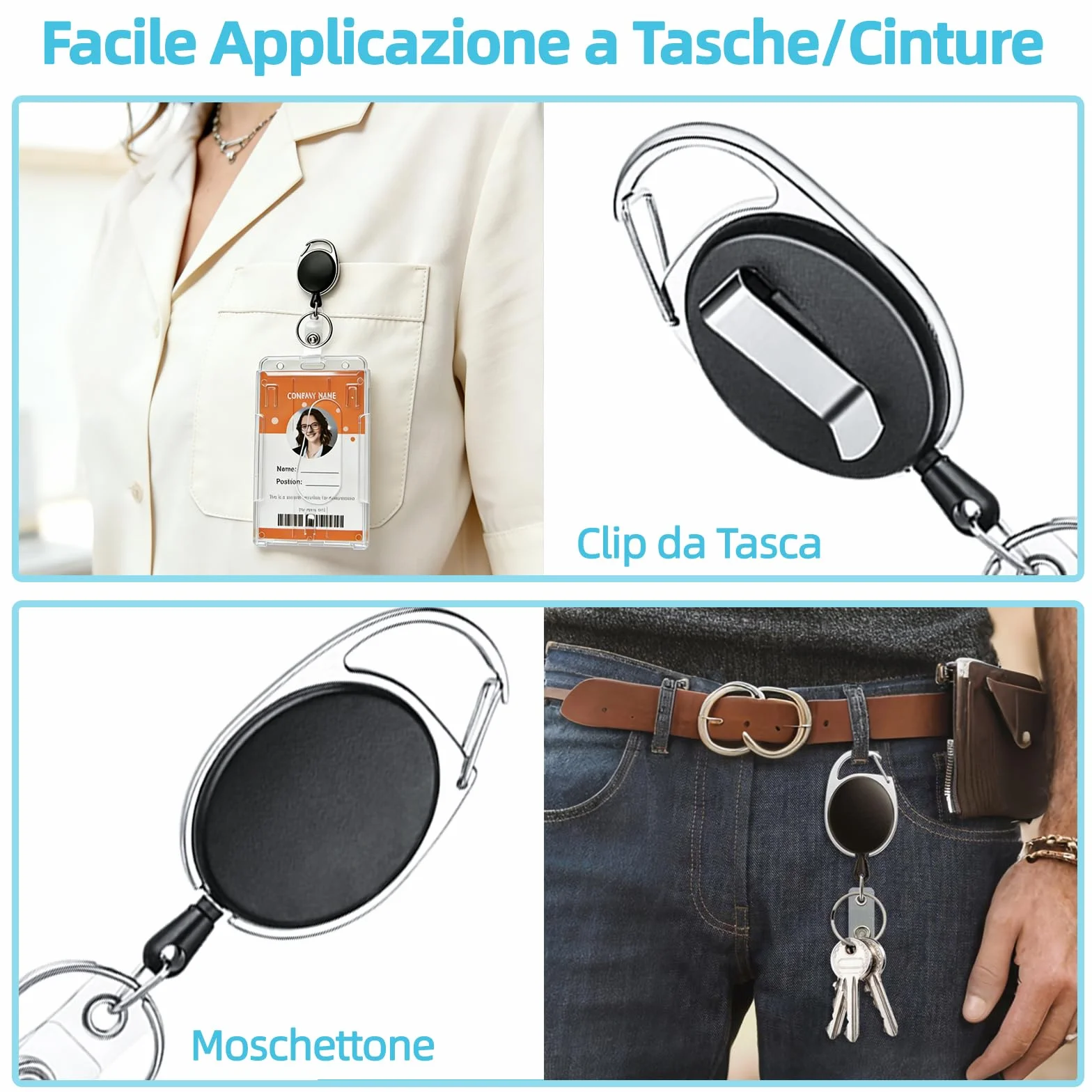 Porta Badge con Portachiavi Retrattile 3 Pezzi, Plastica PC Extra Spesso Trasparente
