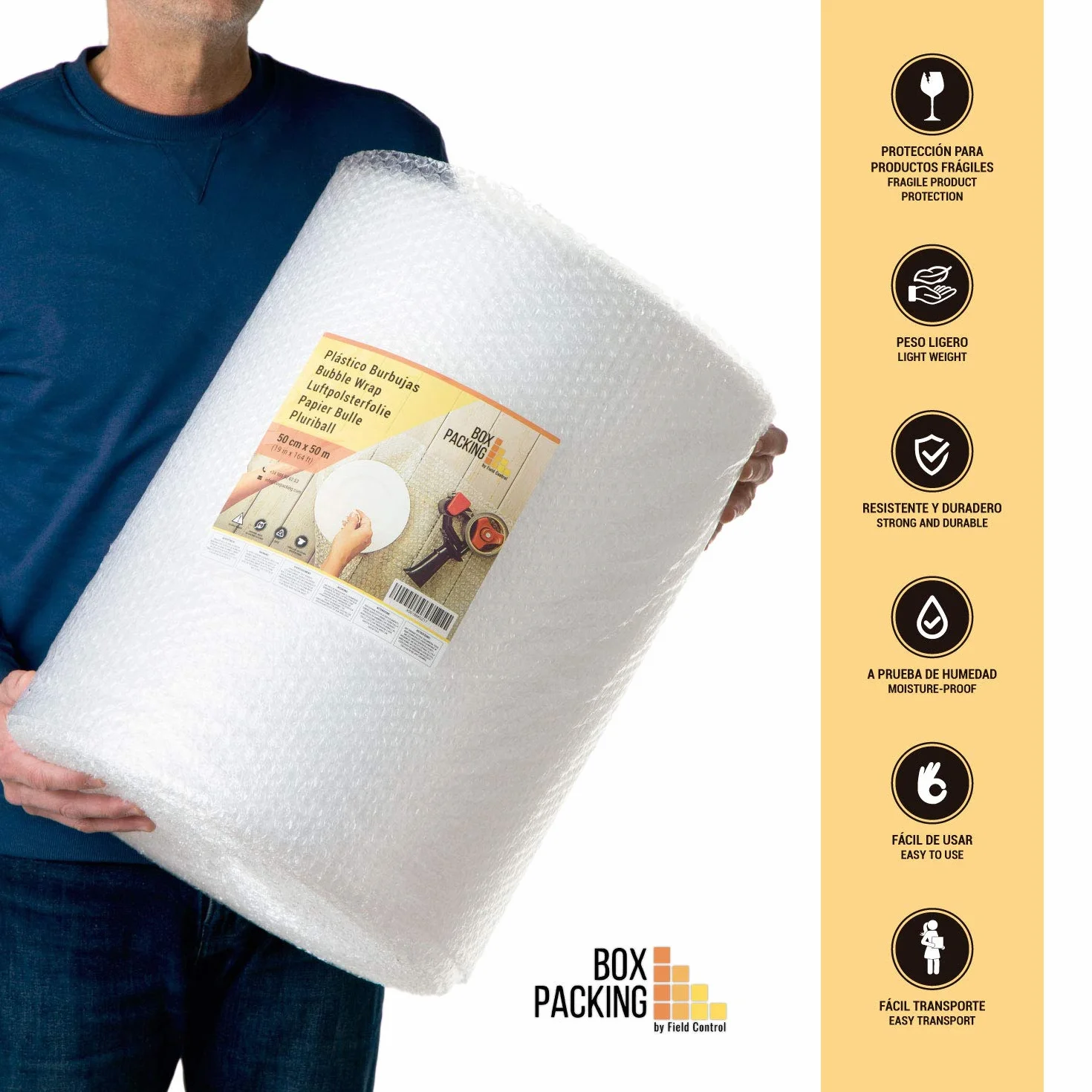 BOXPACKING | Pluriball Imballaggio | Plastica per imballagio | 50 cm x 50 m | Bubble Wrap | Imballagio per Spedizioni | Rotolo Pluriball | Protezione per oggetti fragili, traslochi e e-commerce
